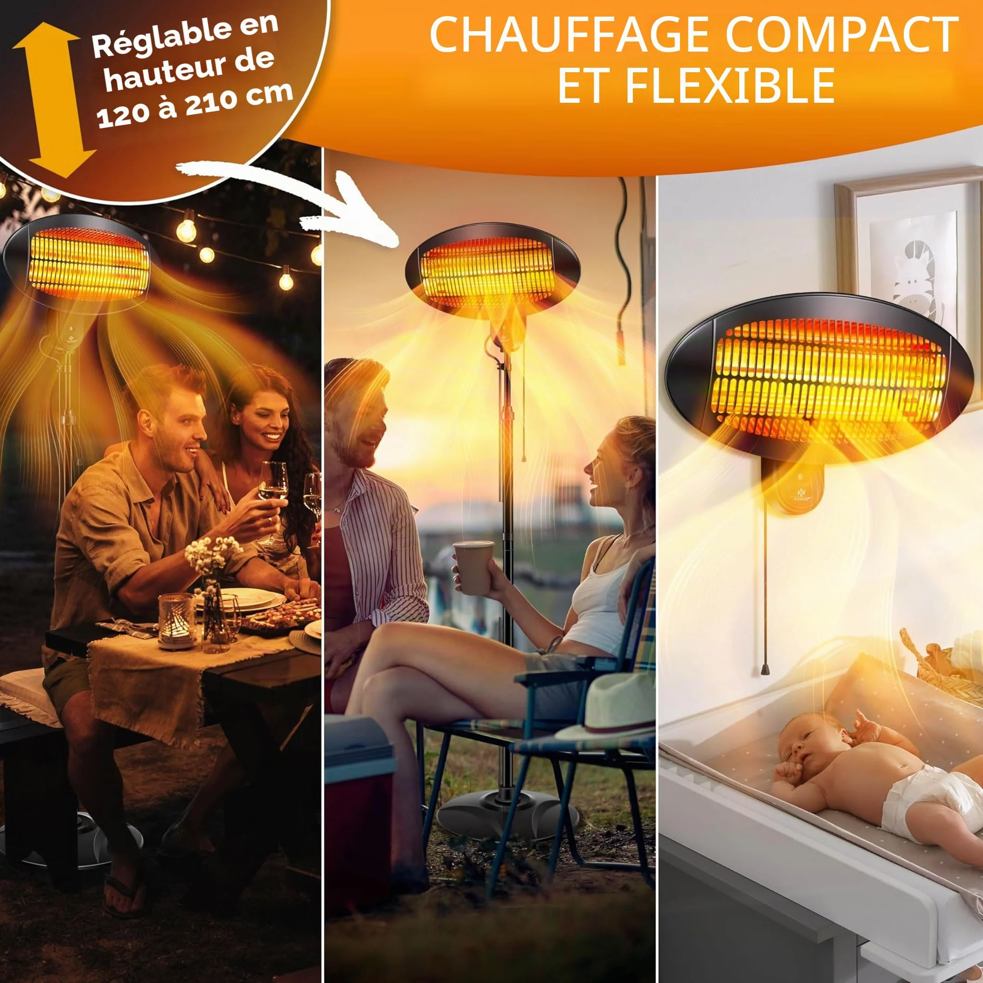 KESSER Chauffage radiant 2000 Watt Infrarouge sur pied terrasse intérieur extérieur