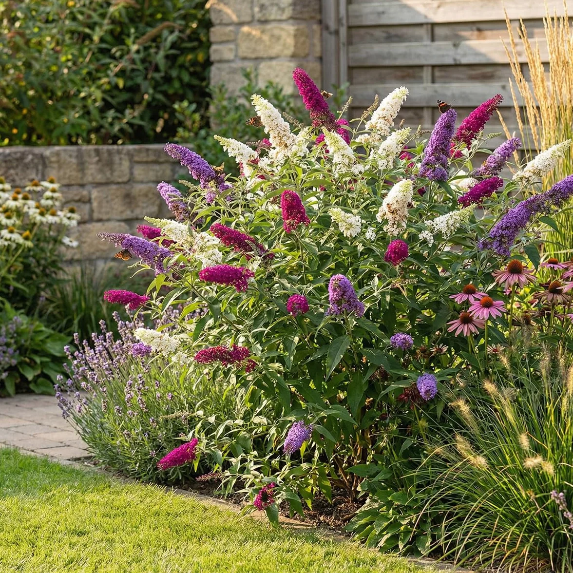 Bloomique Buddleja Davidii Tricolor Lot de 2 Arbre aux papillons Plante de Jardin Rustique Hauteur 30-40 cm Pot 17 cm