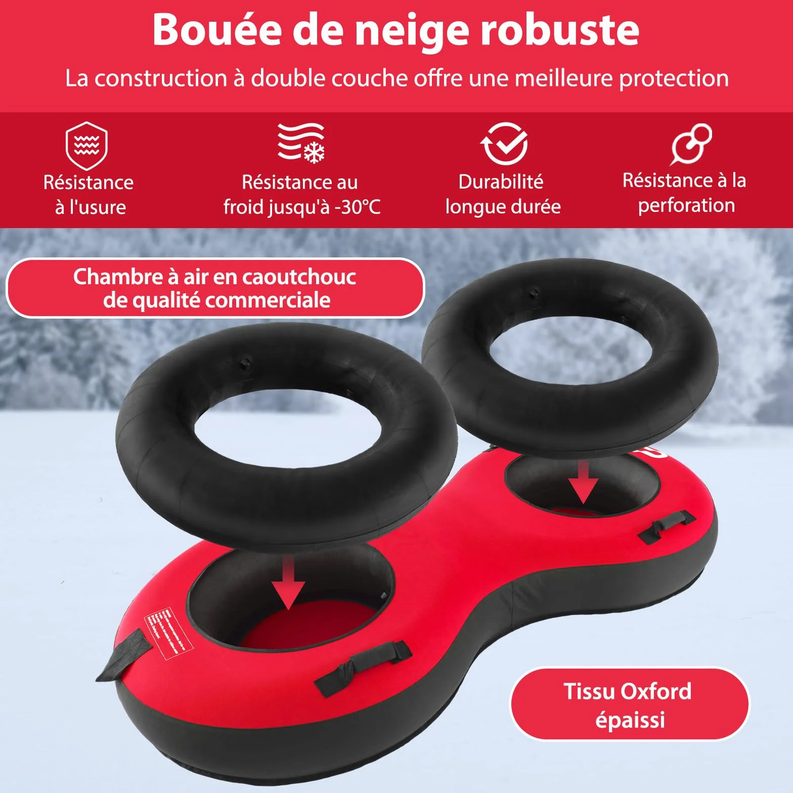 COSTWAY Luge Bouée Gonflable, Traîneau à Neige Robuste en Caoutchouc avec Fond Rigide Sangle de Remorquage Siège Rembourré Pompe de Gonflage, pour Enfants Adultes