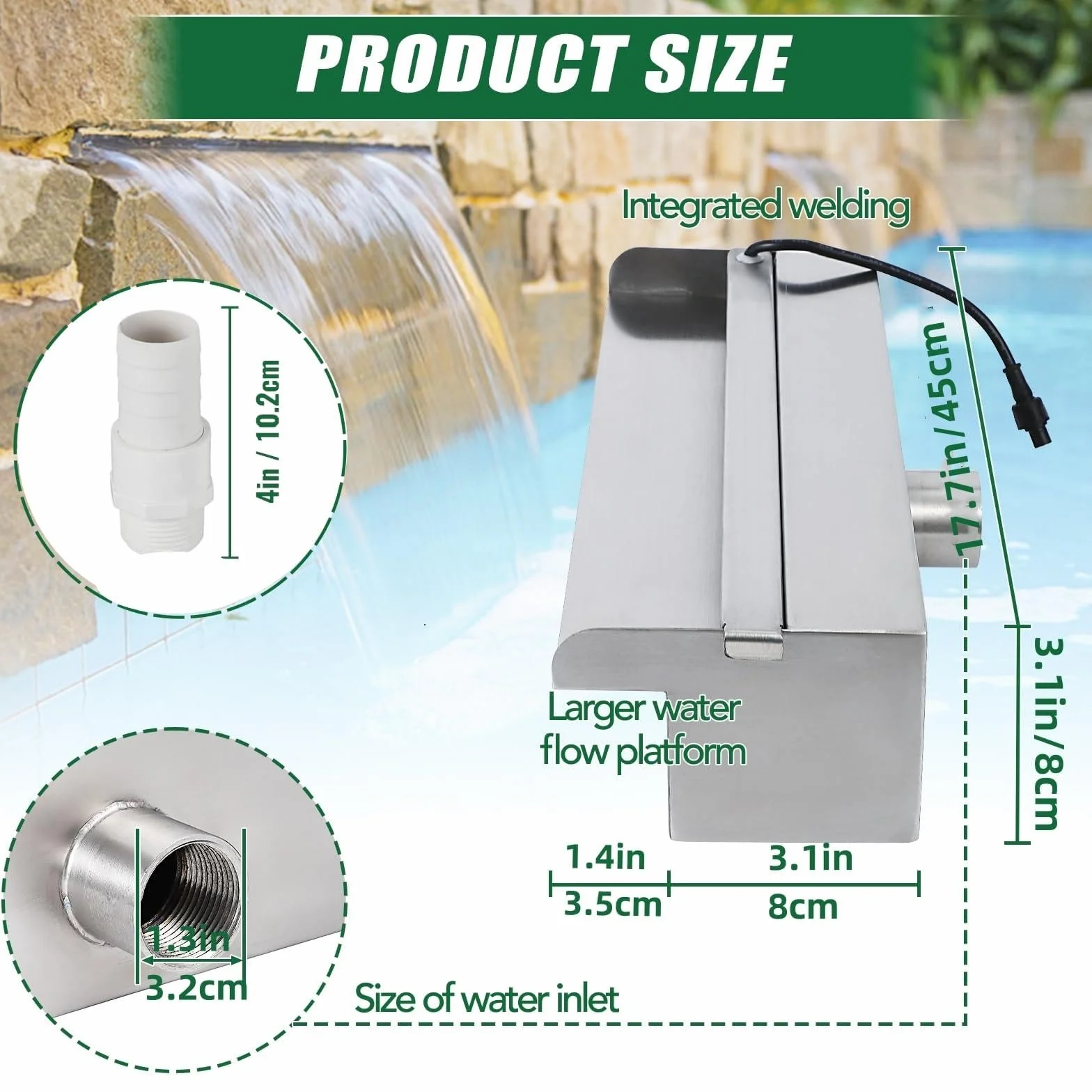 Garvee Fontaine Cascade Décorative Extérieur Acier Inoxydable 304 45 cm Lame d'Eau Rectangulaire Connecteur Bassin Étang Piscine Rectangle Regular