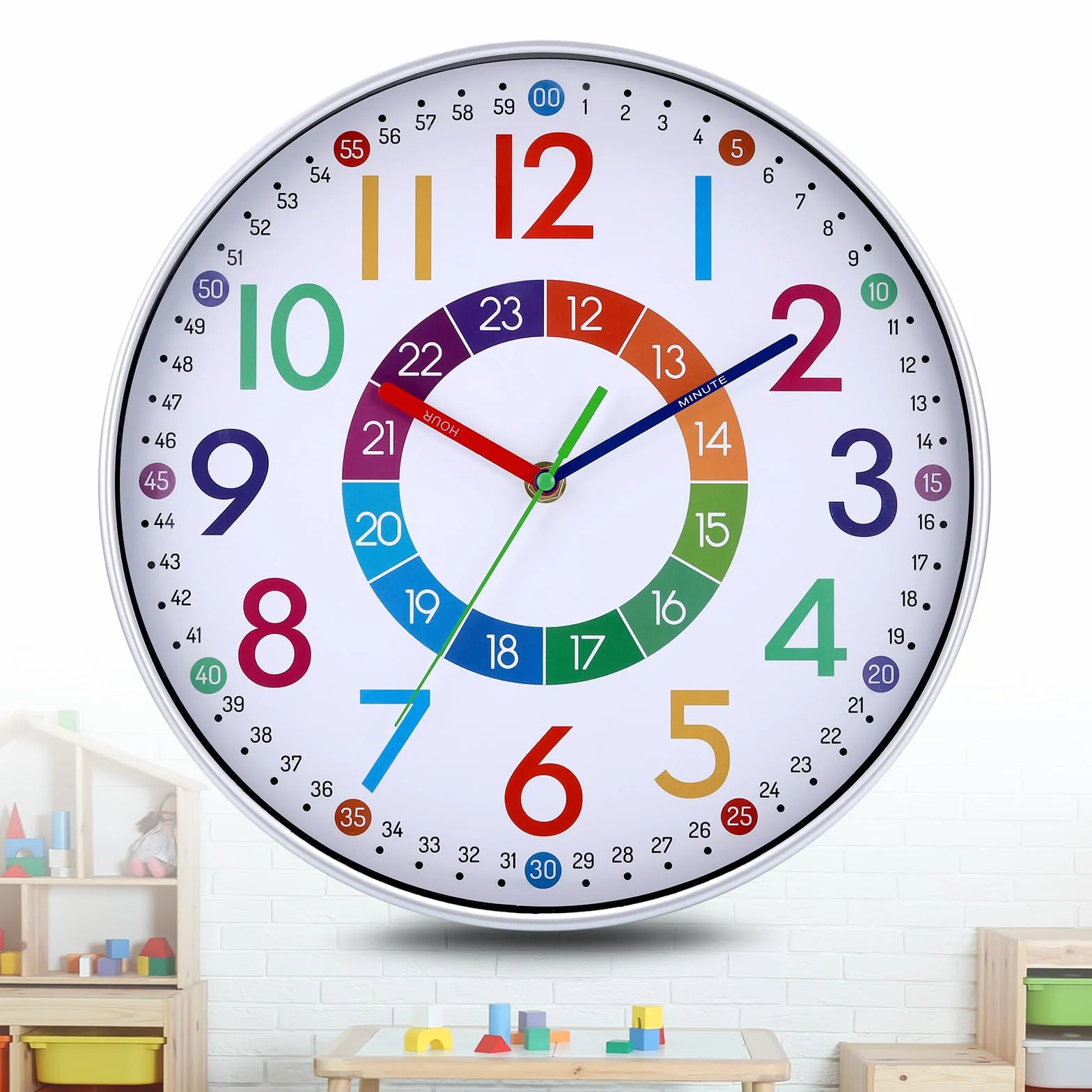 JIZZU Horloge Murale Apprentissage Enfants Ø 30cm Pendule Silencieuse Colorée 3D Chiffres Facile à Lire
