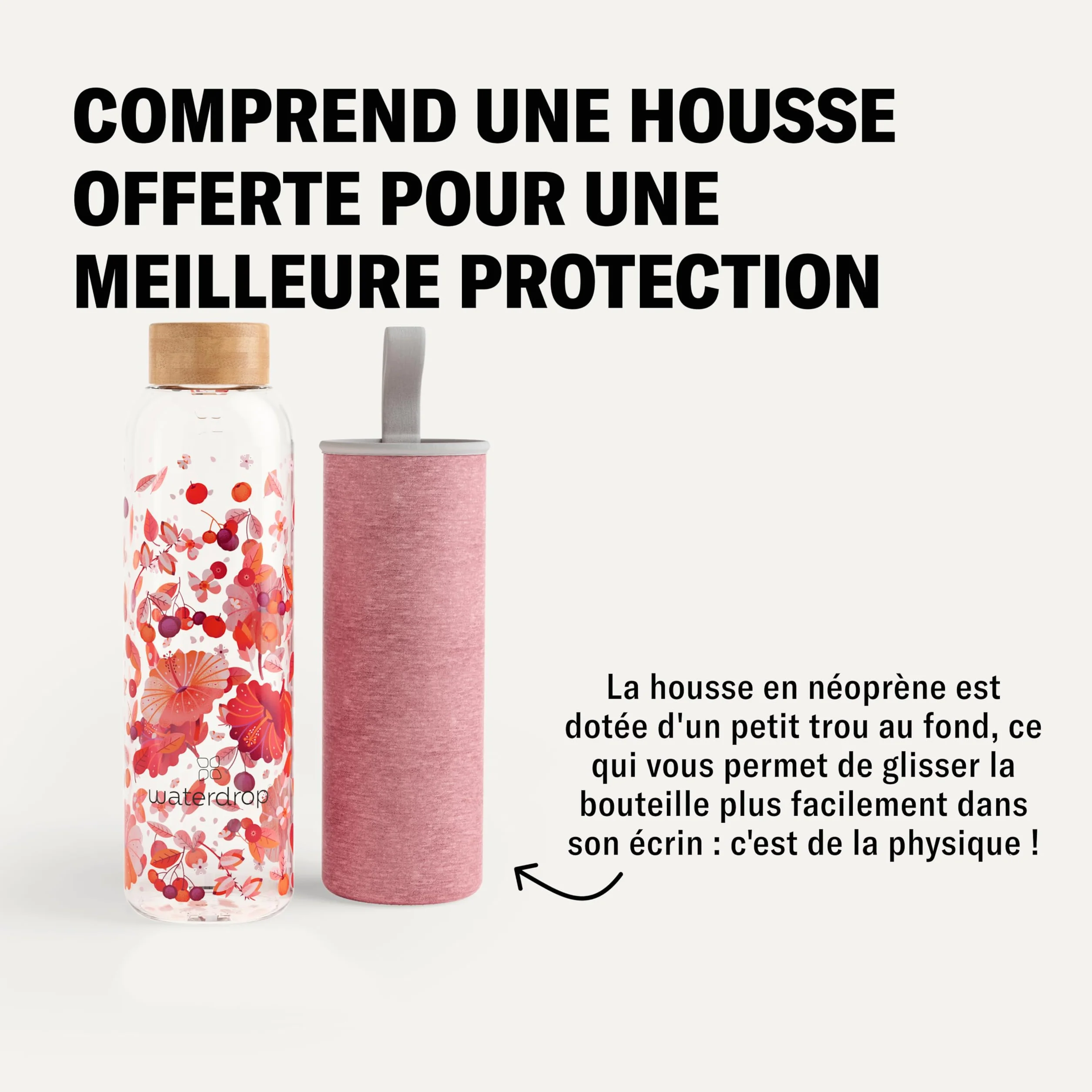 waterdrop® Bouteille en Verre 600ml – Gourde Réutilisable en Verre Borosilicate avec Bouchon Bambou et Housse, Sans BPA, Étanche, Idéale pour Maison, Bureau, Sport, Voyage