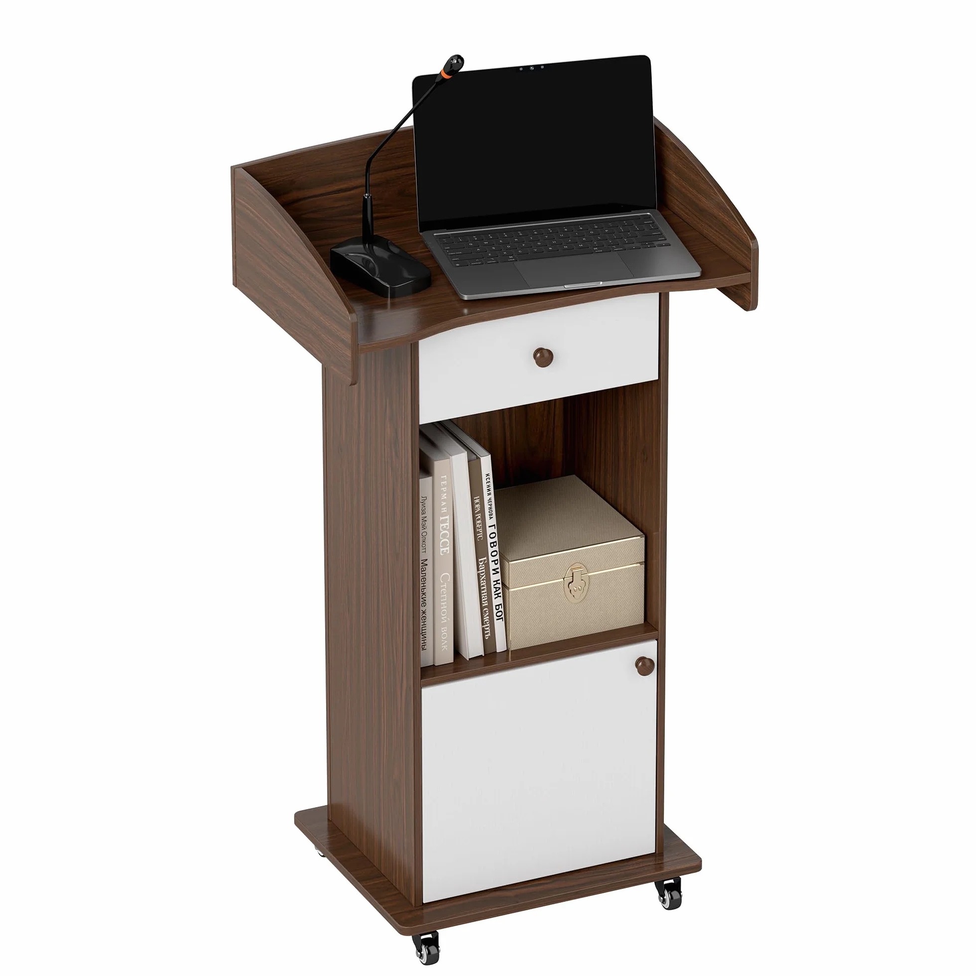 Pupitre en bois avec tiroirs et roulettes, bureau debout avec passe-câbles
