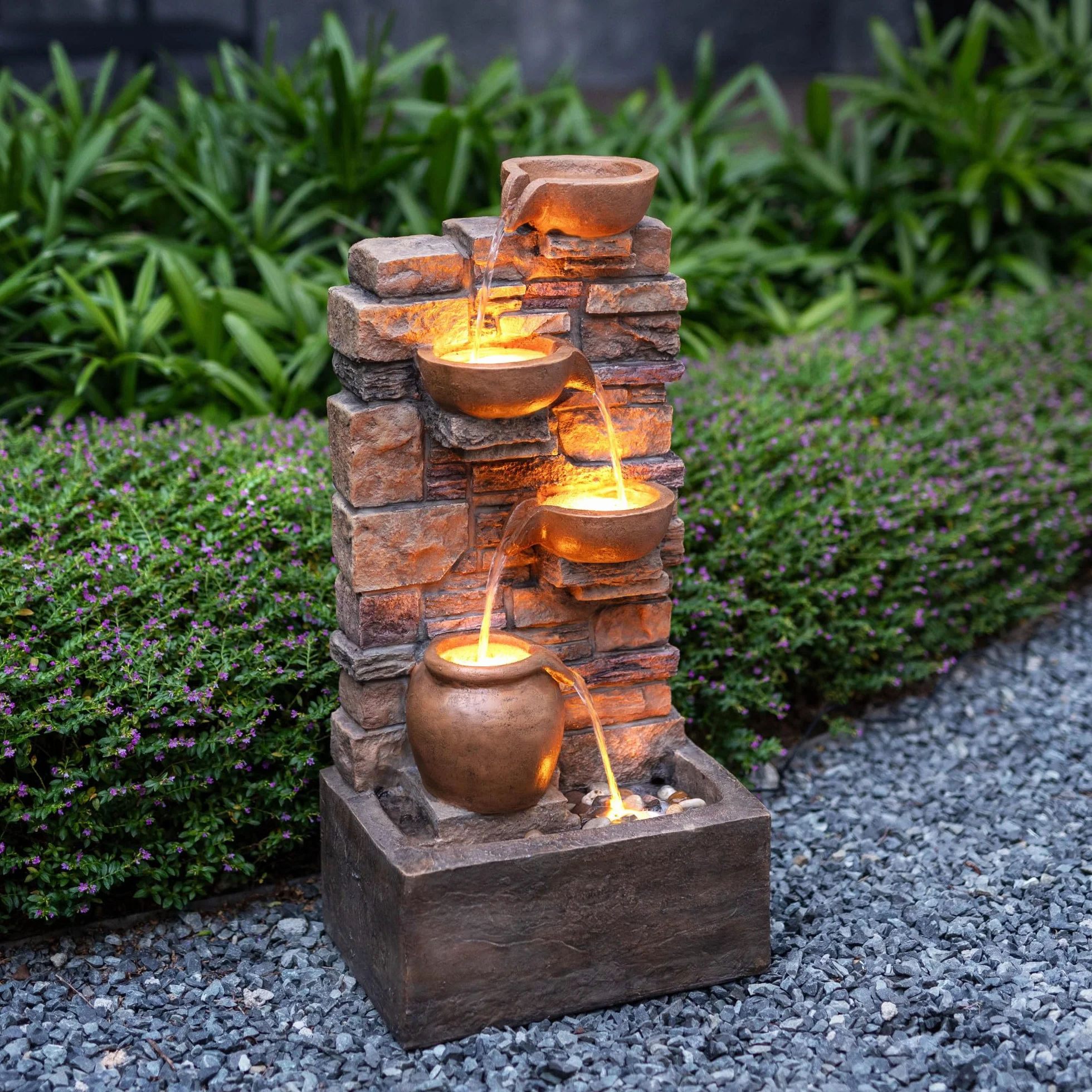 Teamson Home Fontaine Cascade 4 Niveaux Brun LED Jardin Exterieur