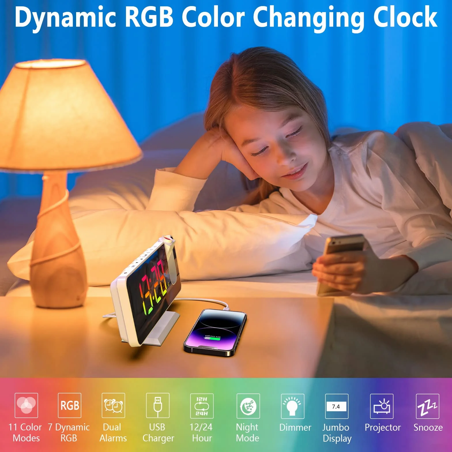 ThreeH Réveil Numérique à Projection avec Miroir LED RGB et Chargeur USB Double Alarme Blanc