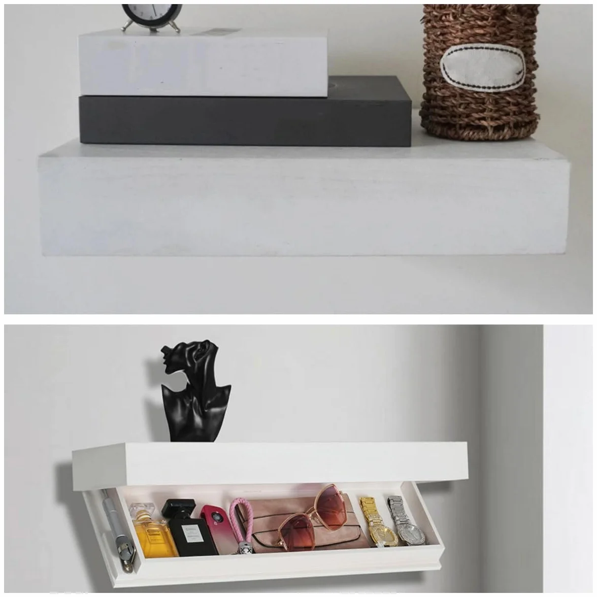 Coffre flottant caché pour armes, étagère design avec compartiments secrets, solution de rangement murale, boîte compacte pour ranger les armes dans le salon