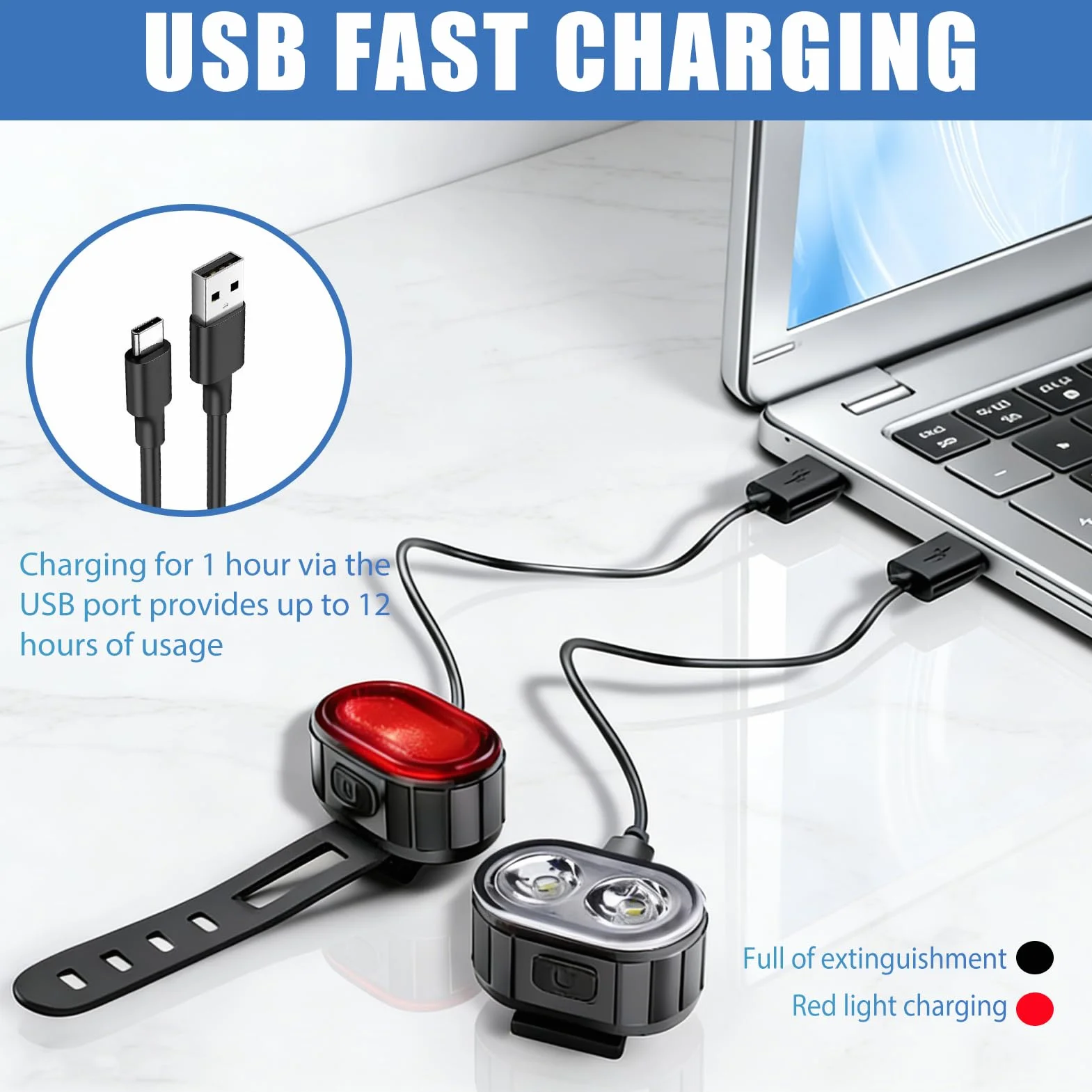 Kit Éclairage Vélo Avant et Arrière Rechargeable USB-C – Lampe Vélo LED Puissante IP65 Étanche – 4+6 Modes de Luminosité pour VTT, Route, Ville et Trottinette Électrique – Lot de 2