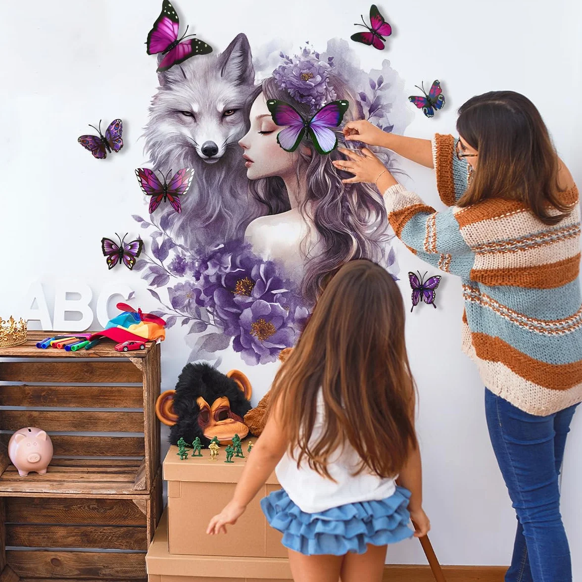 Autocollants muraux 3D loup papillon fleurs fée décoration chambre enfant