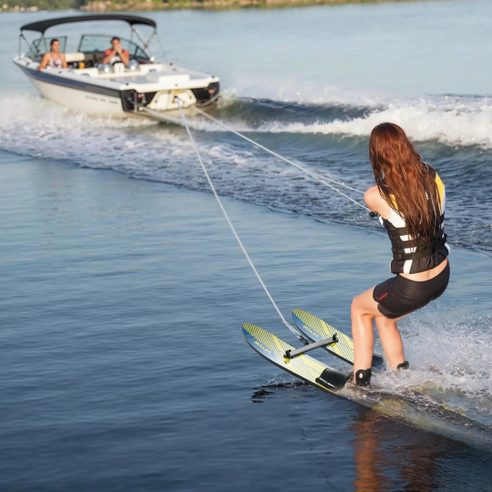 VEVOR Combo Skis Nautiques 116,8 cm, Matériels de Ski Nautique avec Fixations Réglables X-7, Corde à Double Poignée et Barre Stabilisatrice Amovible, Ensemble d'Entraînement pour Sport sur l'eau