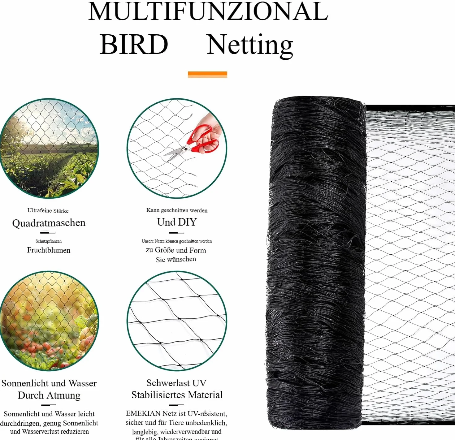 Filet de protection contre les oiseaux - Maille fine - 15 x 15 m - Noir - Résistant aux UV