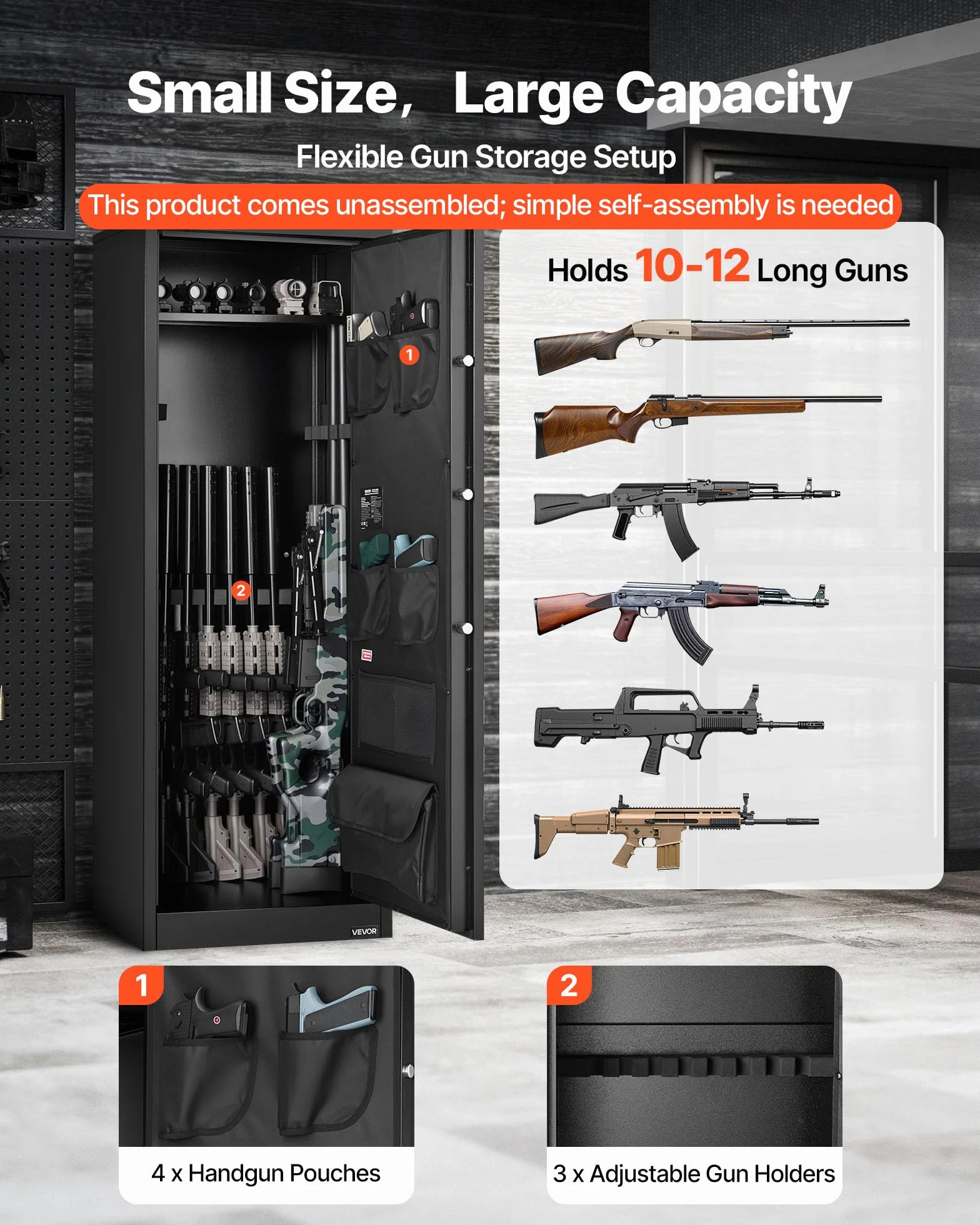 VEVOR Armoire à 10-12 Fusils, Coffre-Fort pour Armes à Feu 2 Façons de Verrouillage par Clavier Numérique et Clés, avec 4 Poches pour Pistolets et 3 Supports Réglables, Accès Rapide, pour Domicile