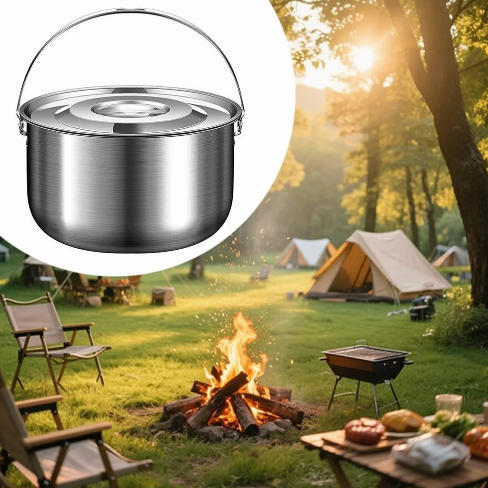 Casserole de camping en acier inoxydable avec couvercle et poignée - 1,4 L/2,4 L/4 L/6 L - Batterie de cuisine d'extérieur pour feu de camp, ragoût, bouillir et pique-niques (4 L)