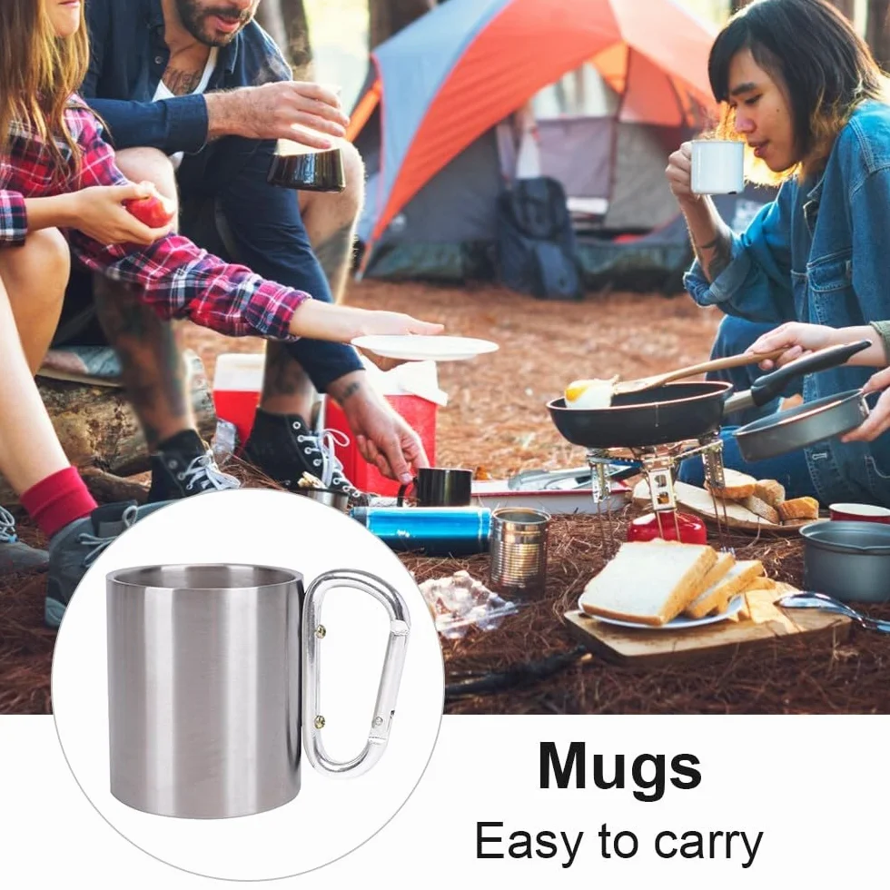 MiOYOOW Tasse à mousqueton en acier inoxydable, tasse de camping à double paroi, tasse portable en métal avec poignée à mousqueton pour camping, voyage en plein air, 300 ml