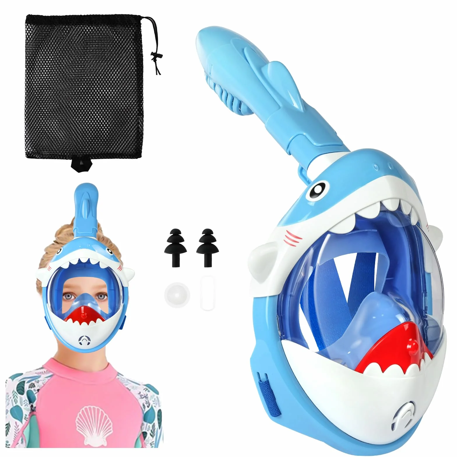 Masque de Plongée Enfants Intégral 180° HD Anti-Buée Anti-Fuite avec Tuba à Couvercle Sec