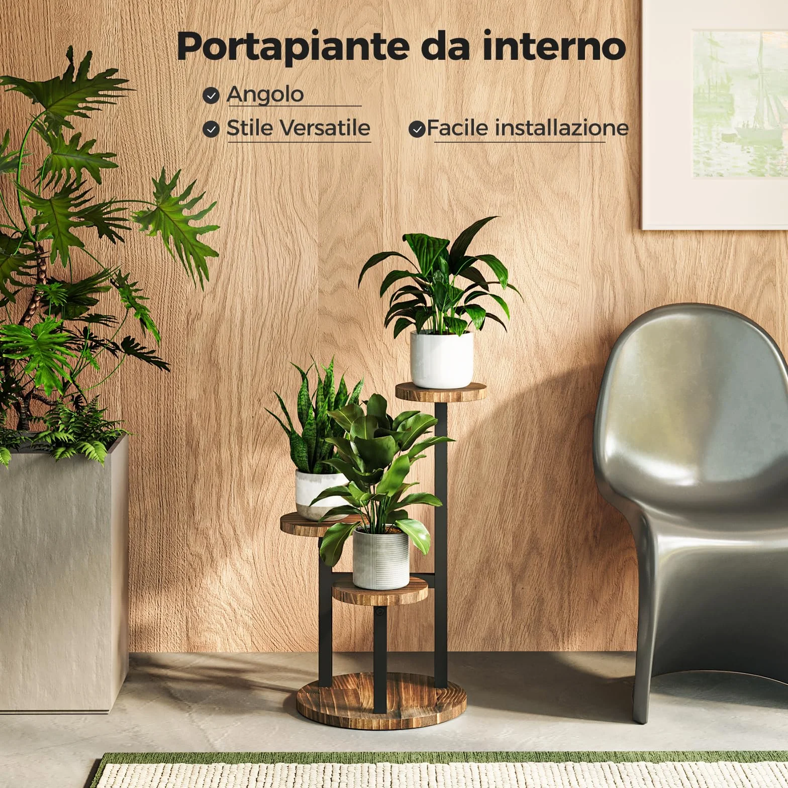 Bamworld Support Plante d'Angle 3 Niveaux en Métal Bois Étagère Fleurs Intérieur Jardin Extérieur