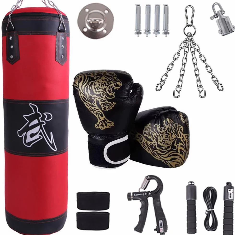 Sac De Frappe,Sac De Frappe Adulte,Sac De Boxe,15PCS Suspension Boxe Punching Bag avec Gants,Bandages,chaîne,Rotation à 360°,pour Le Muay Thai et Les Combats