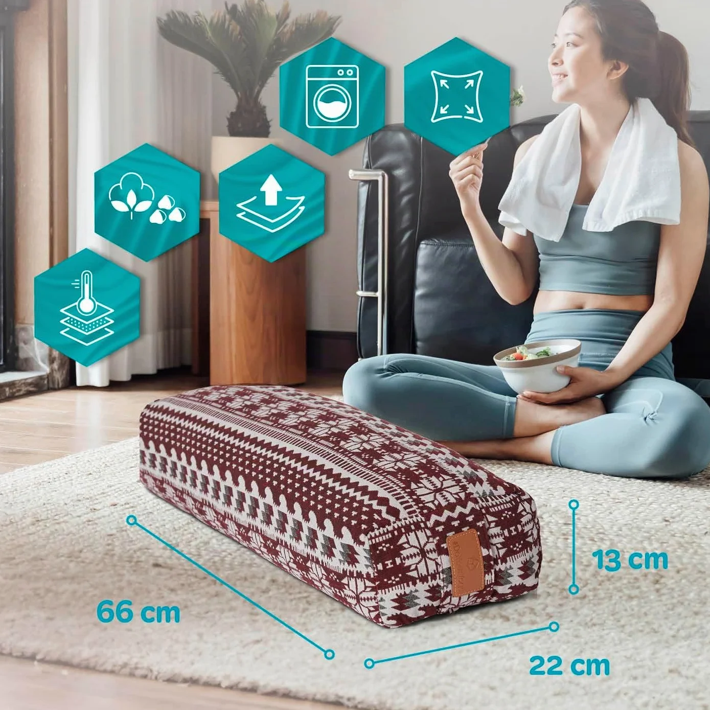 DoYourSports Coussin Carré de Yoga et Méditation »Paravati« - Yoga Bolster Zafu avec Remplissage de Coques de Sarrasin Organique - 67 x 13 cm – Siege Méditation Confortable
