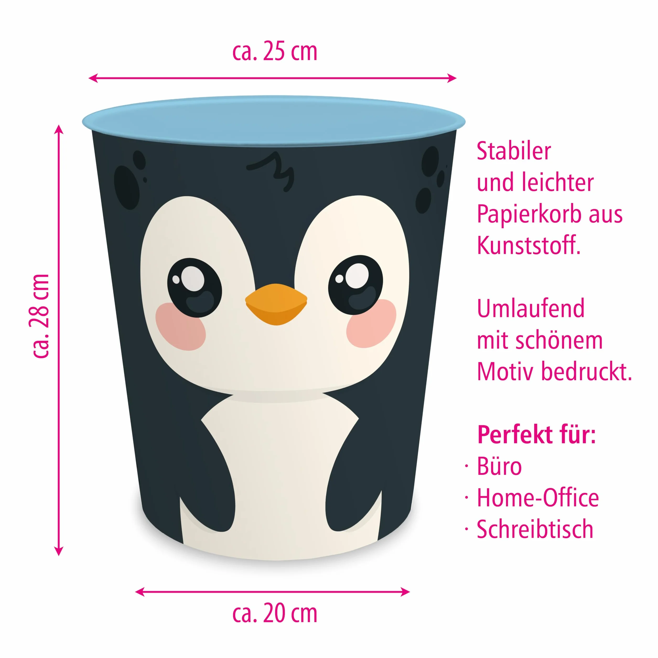 itenga Corbeille à papier enfants Motif animal Pingouin Design Kawaii Ronde 11 l Plastique solide