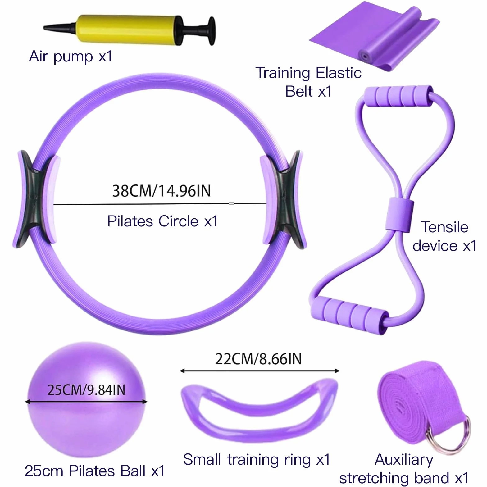 7 Pièces Kit Pilates Maison Accessoire Pilates Femme Kit: Yoga Ball, Resistance Bands, Pilate Ring, Yoga Band, Pompe à air pour l'Entraînement à Domicile et en Studio