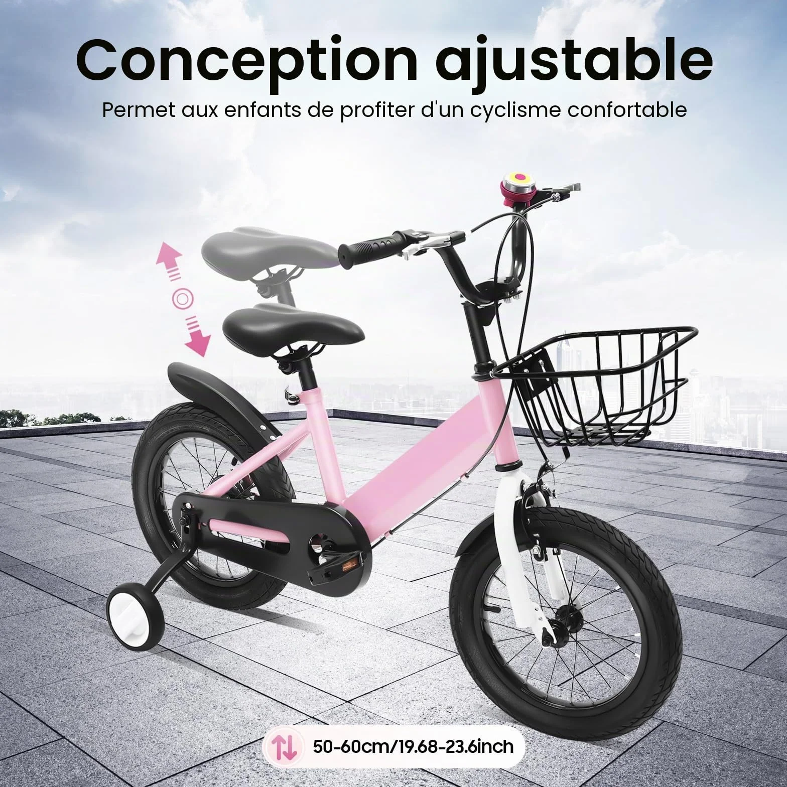 Vélo Enfant de 14 Pouces pour Garçons et Filles à partir de 3 à 7 Ans avec Roues Stabilisatrices et Panier - Hauteur Réglable - Rose