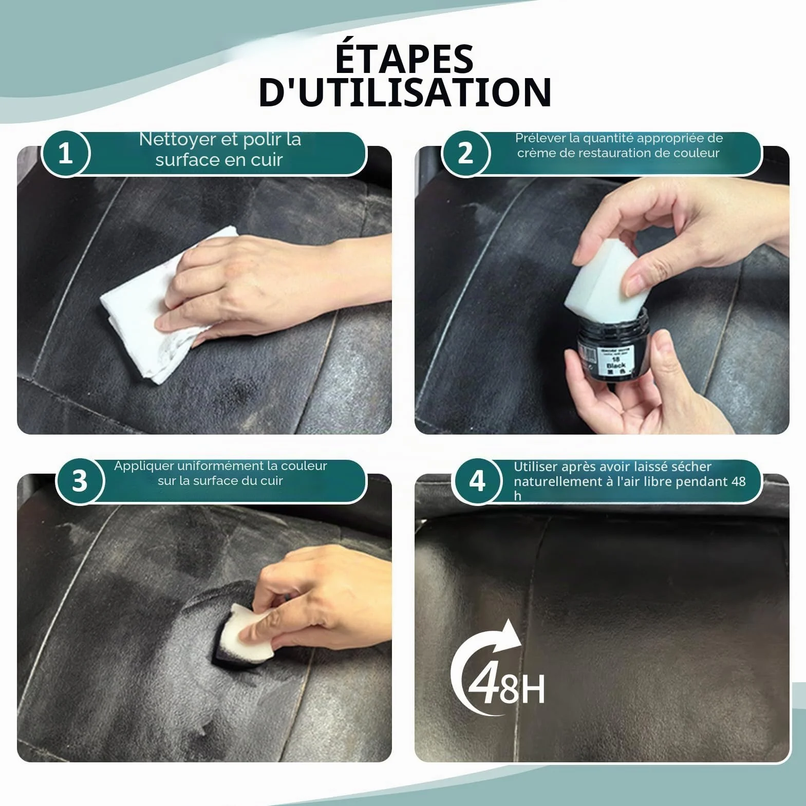Kit Réparation Cuir Noir 50ml, Teinture Cuir Noir pour Canapé et Siège Auto, Crème Réparatrice Cuir Sofa/Veste Moto, Flüssigleder Schwarz, Produit Rénovation Cuir Noir