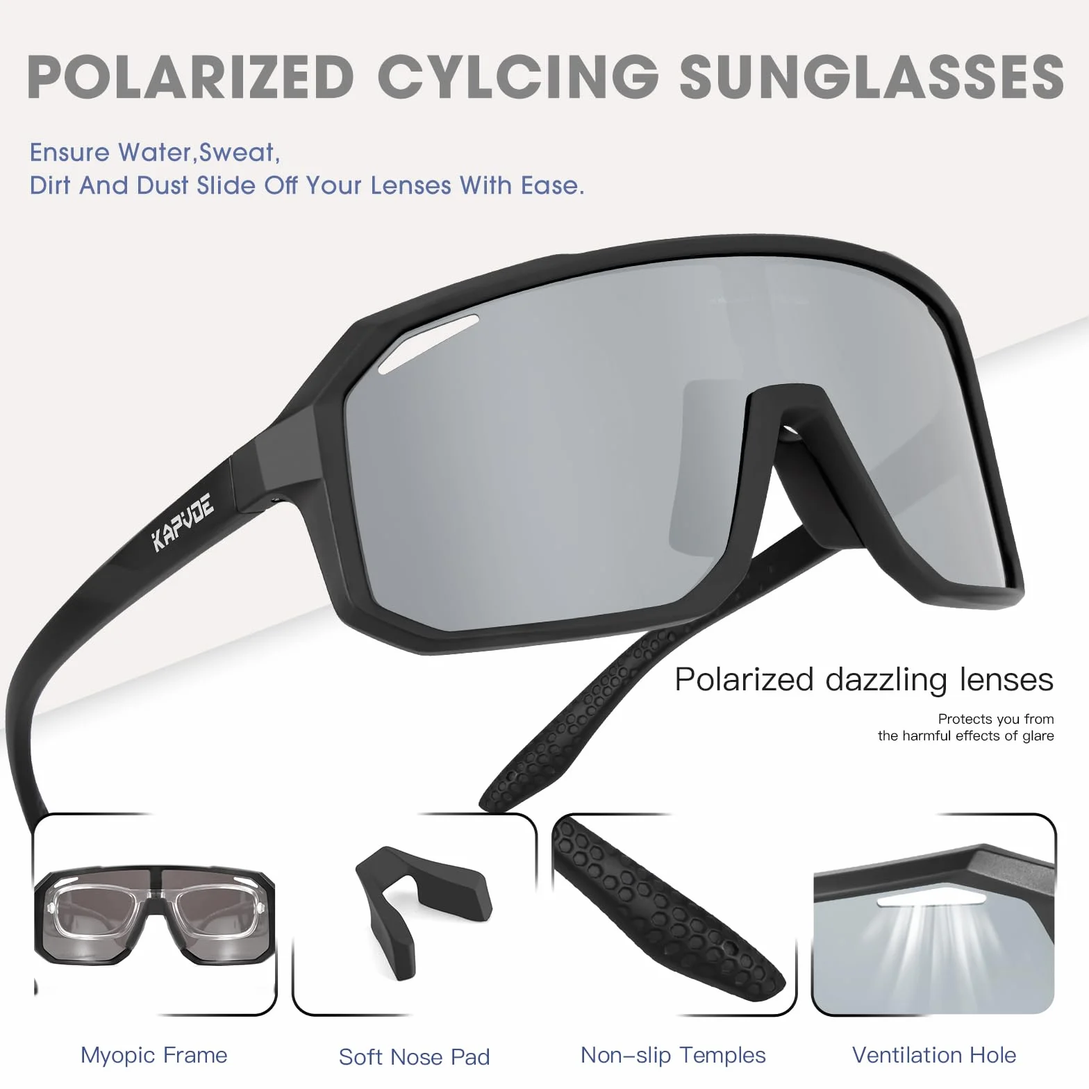 KAPVOE Lunette de Cyclisme Polarisées Homme Lunette VTT Femme Lunette Velo Lunette Course à Pied Lunette de Soleil Sport Lunette Velo Route Lunette de Soleil PêChe Course Conduite 3 Lentilles TR90