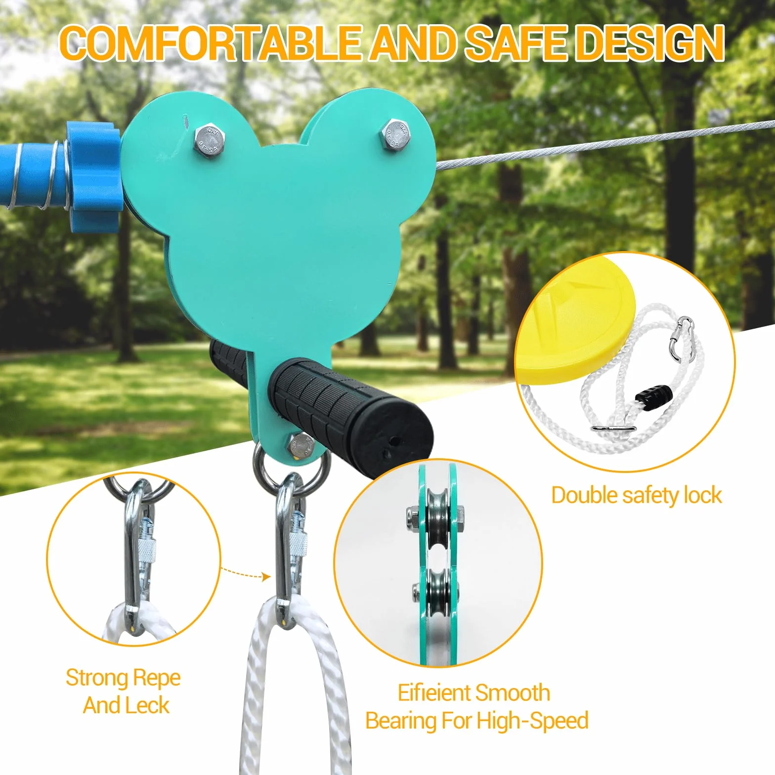 Slackline Set Tyrolienne Enfant Zipline kit 24m 80FT tyrolienne pour Enfants et Adultes, Jeu d'aventure, jusqu'à 150kg résistant, câble de sécurité et Frein à Ressort,Style Lion Orange