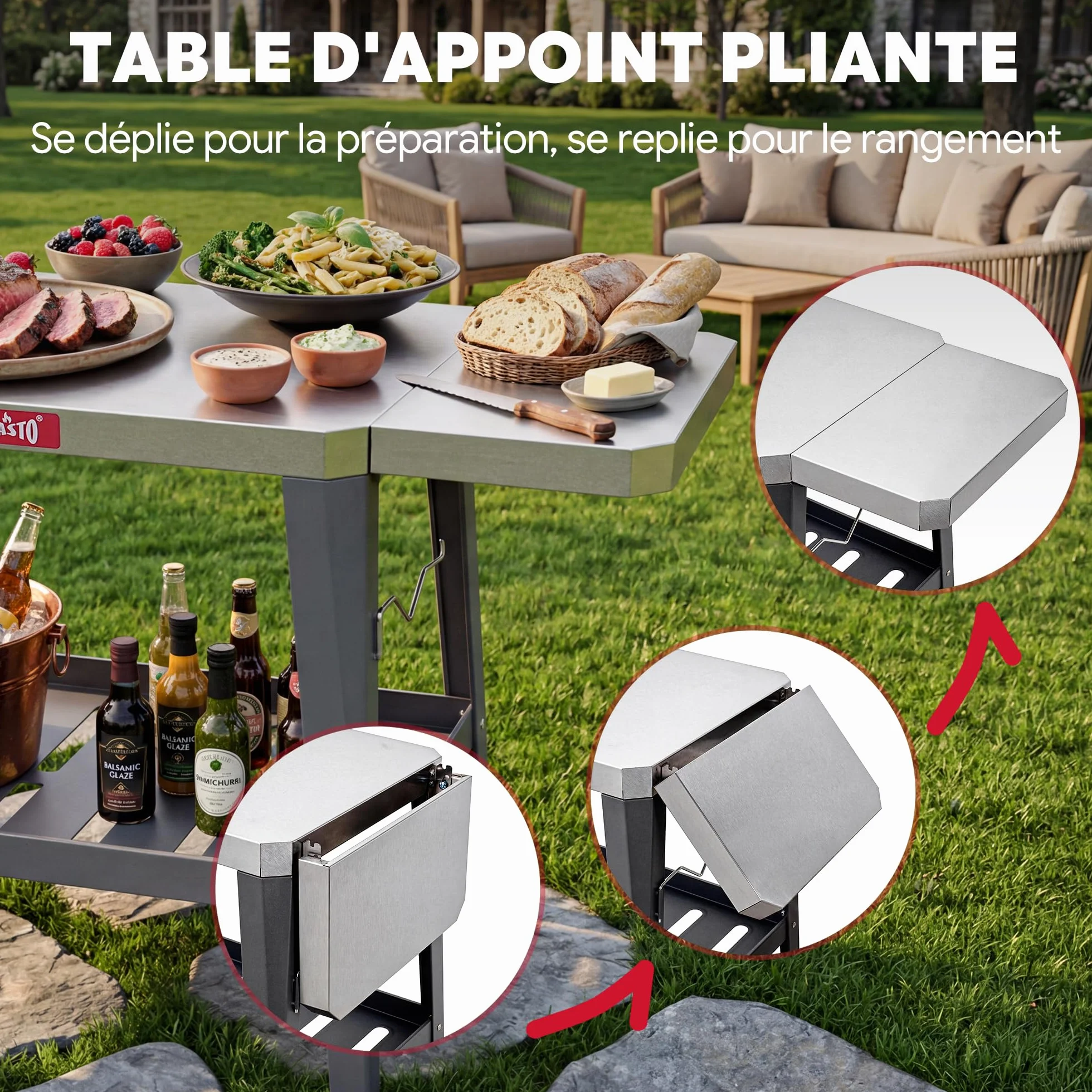 Feasto 2-Étagère Desserte de Jardin Pliable, Chariot de Barbecue Acier INOX, Gris