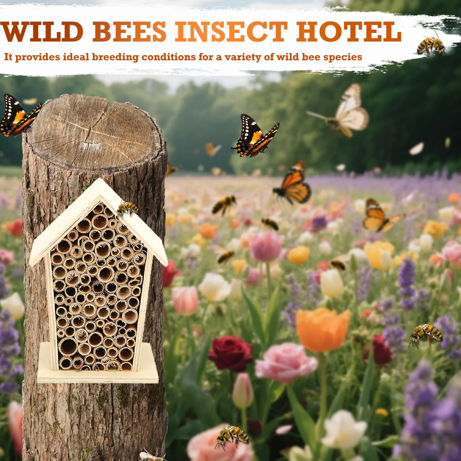 Hotel a Insectes Petite Taille en Bois Résistant aux Intempéries pour Abeilles Mellifères, Sauvages, Bourdons et Coccinelle avec Tubes en Bambou
