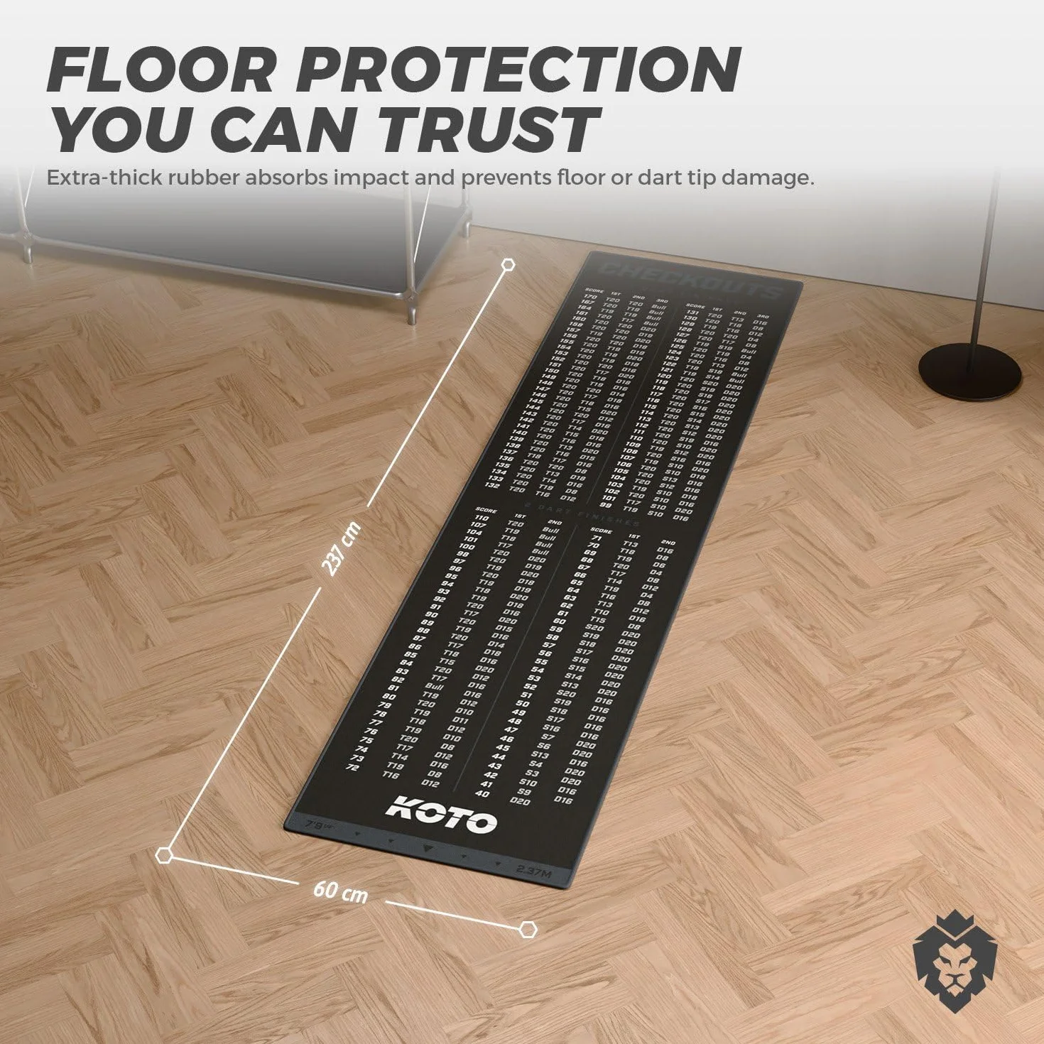 KOTO - Tapis Checkout Gris 237 x 60 cm, INCL. Indicateur de Score, Antidérapant, Tapis Flechette Sol