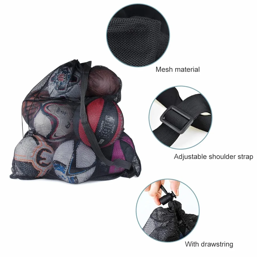 Helweet Sac de Ballon en Filet, Sac à Ballons de Foot, Sacs de Rangement pour Football, pour Basket-Ball Football Volley-Ball, Tennis, Rangement des Équipements de Sport Plage, 72 X 100 cm, Noir