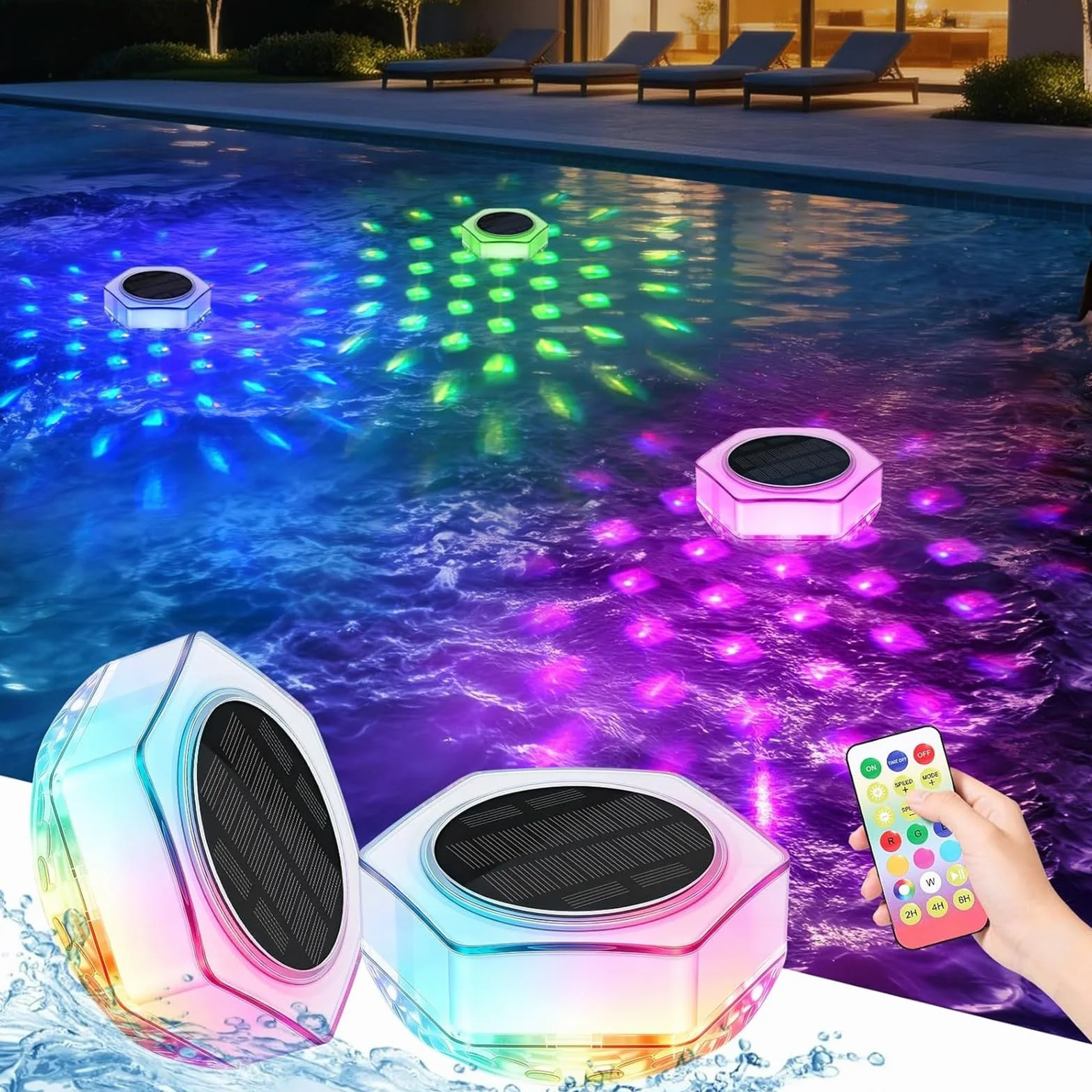 Lumiere Piscine Flottante Solaire 2 Pièces IP68 Étanche RGB 7 Couleurs avec Télécommande