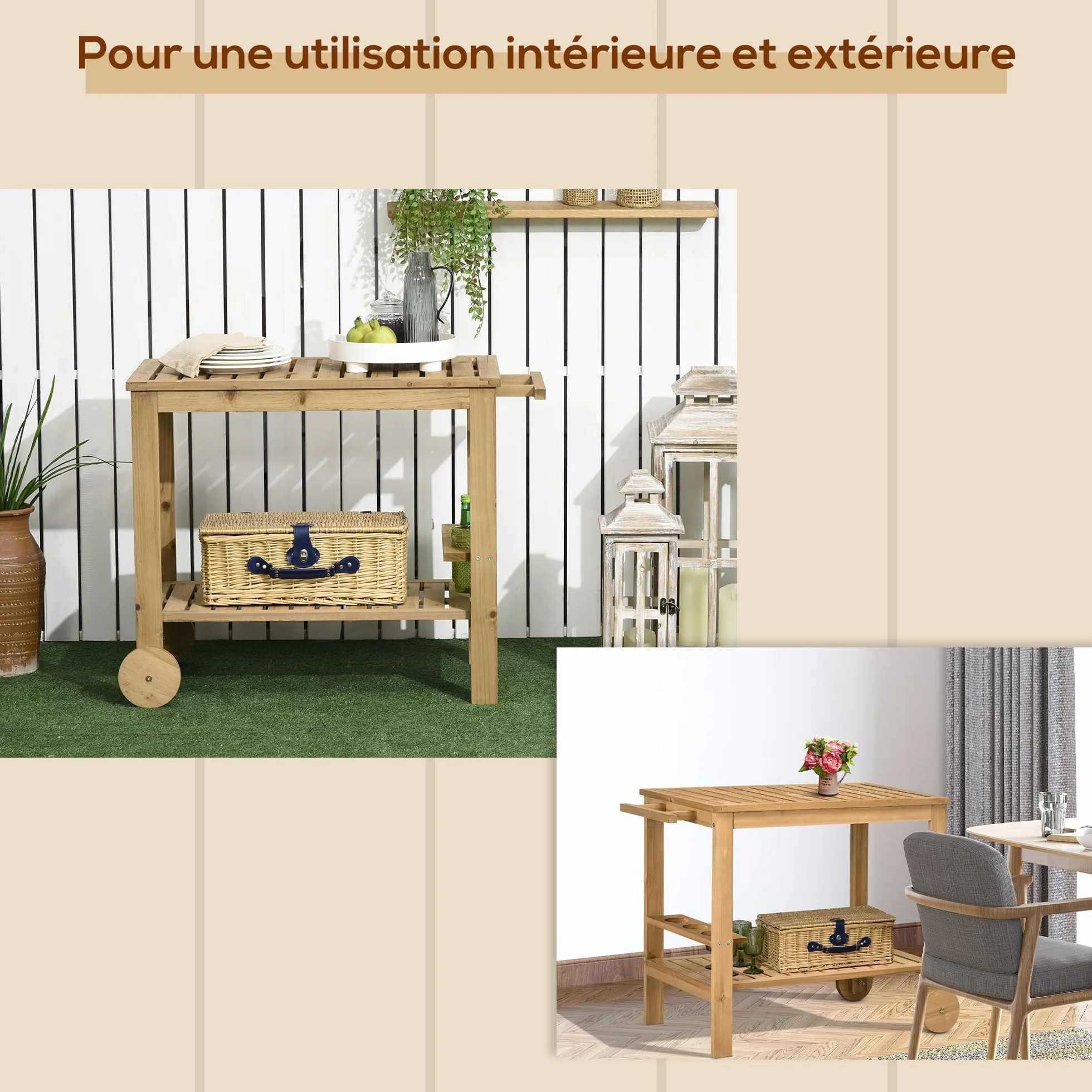 Outsunny Desserte de Jardin pour Plancha et Barbecue en Bois avec Chariot 95 x 47 x 74 cm