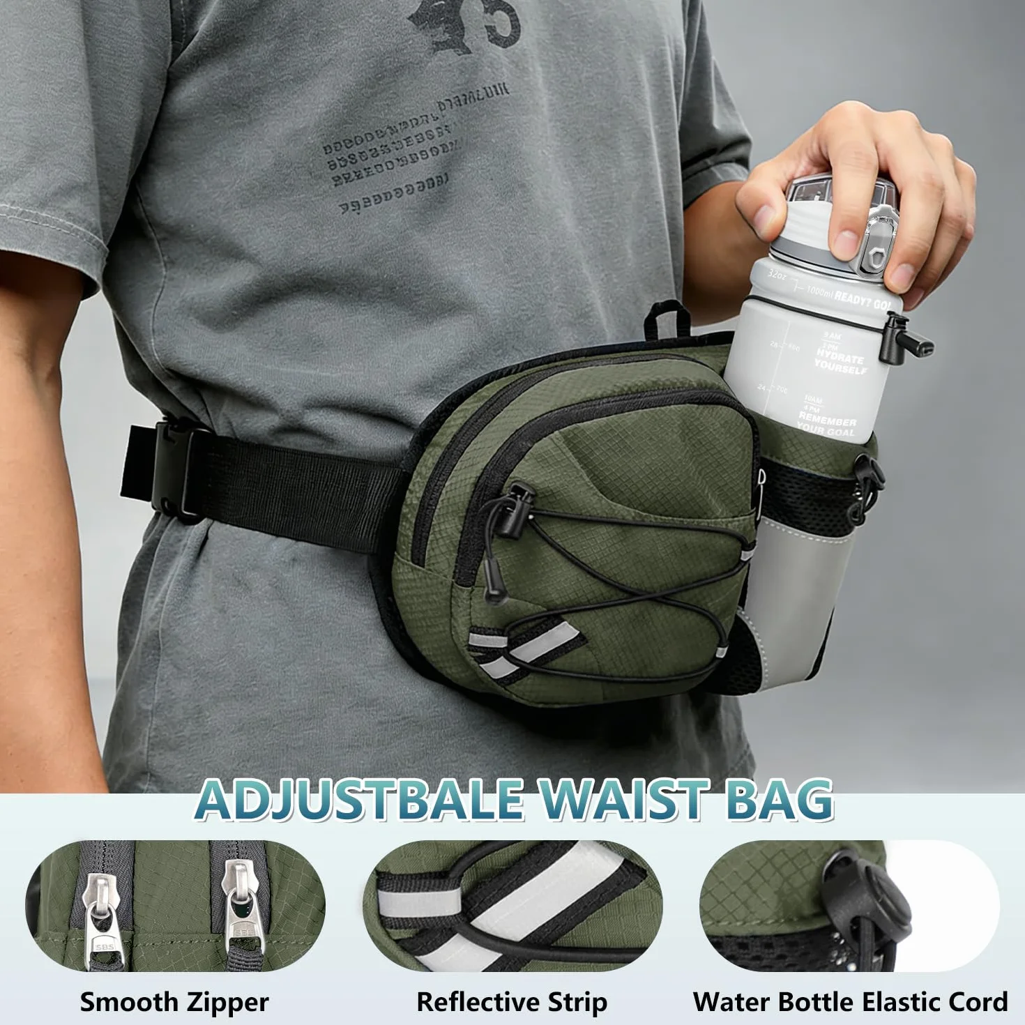 Sac Banane de Randonnée avec Porte Bouteille, Sac Ceinture Banane Femme et Homme, Sacoche Banane de Sport Ceinture pour Voyage Cyclisme Course Chien(avec 1L Gourde)