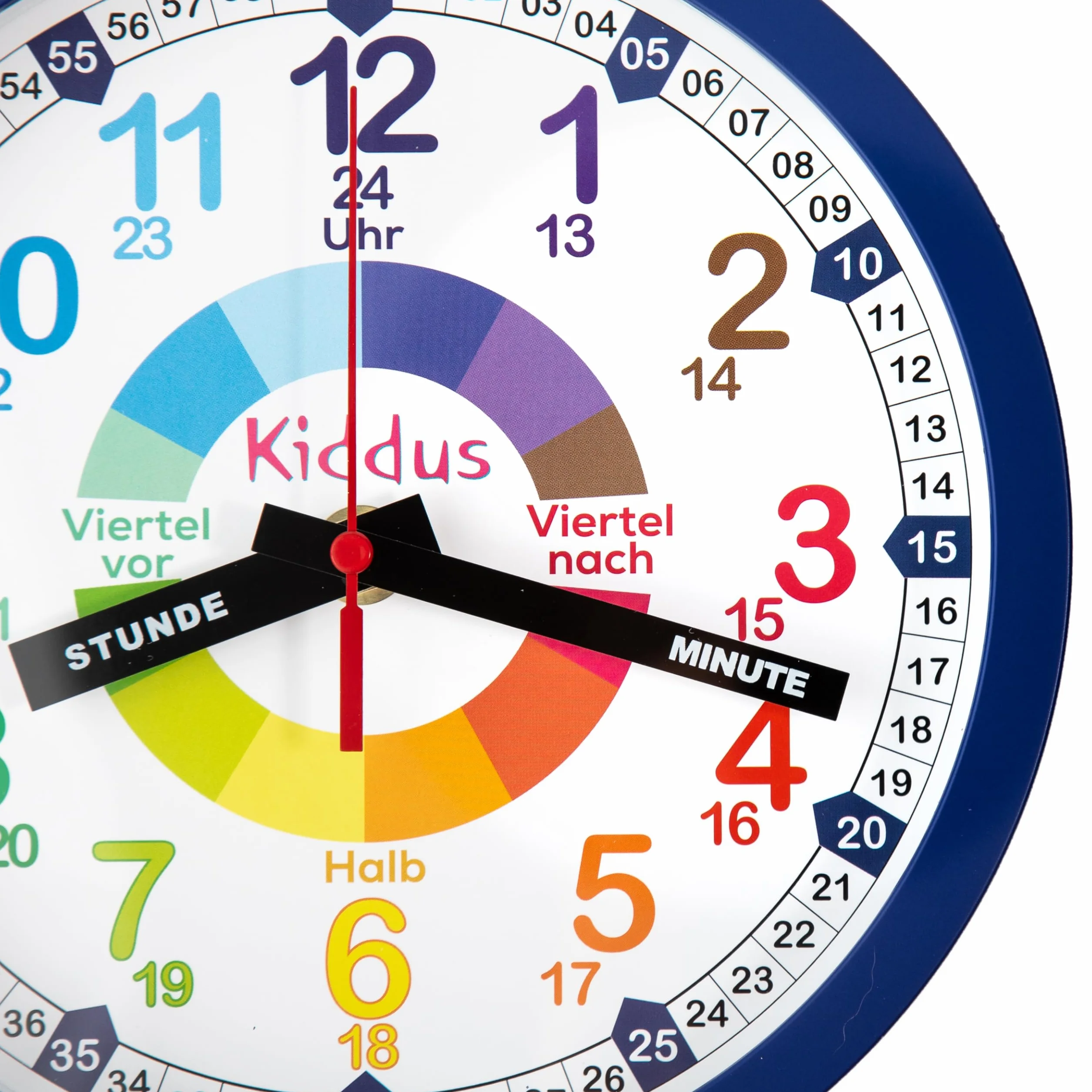 Kiddus Horloge Murale Enfant Apprendre l'Heure 30cm Aiguilles Inscrites Heure Minute Silencieuse Chiffres Colorés