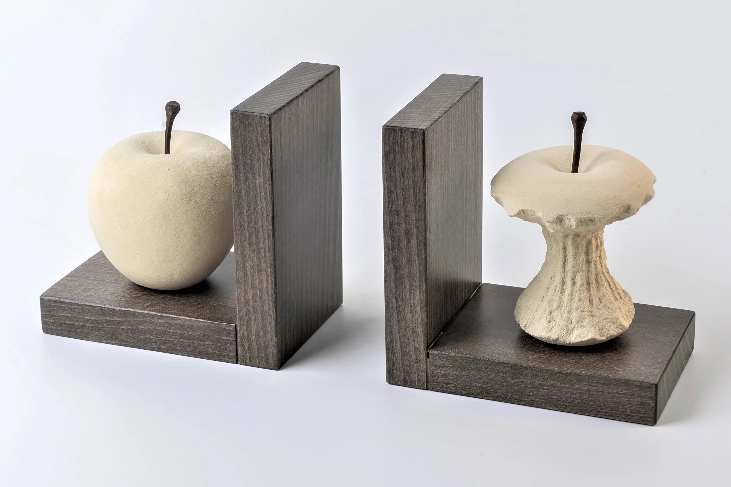 Progetto Arte Paire Serre-Livres Pomme Mangée Sculpture Pierre Base Bois Fait Main