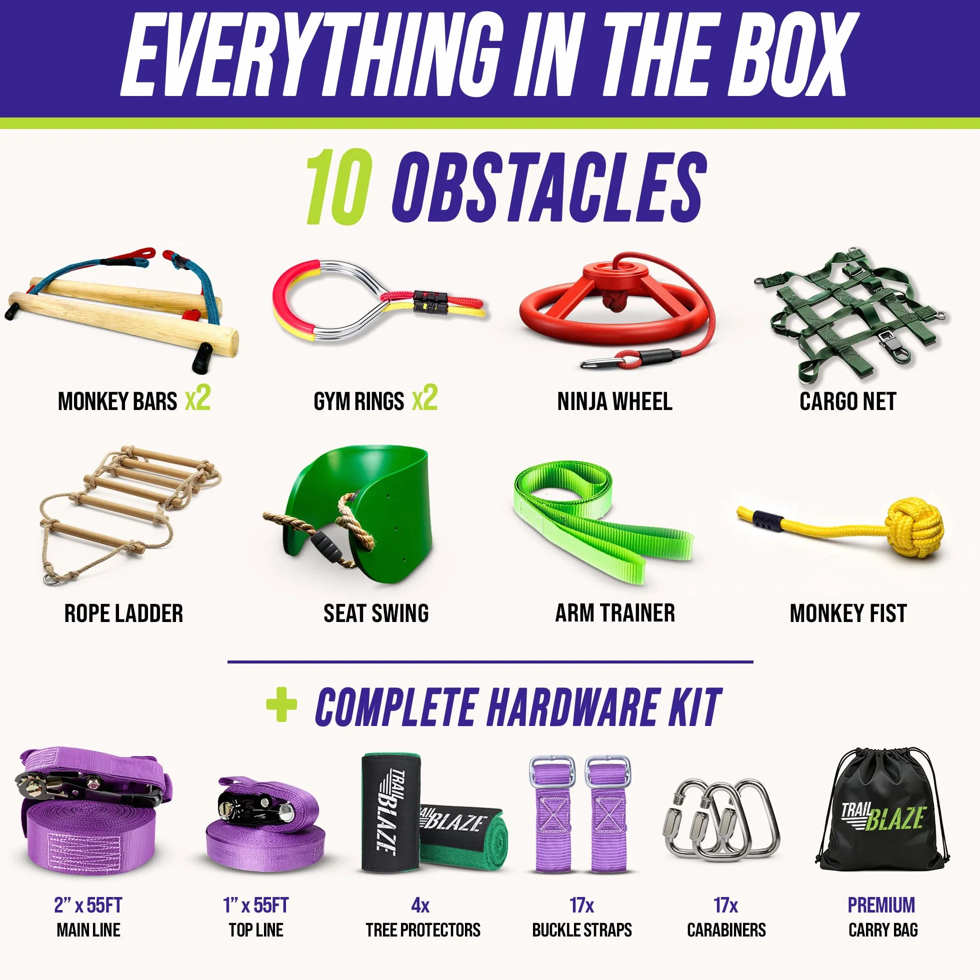 Trailblaze Ninja Warrior Slackline Kit Parcours d'obstacles pour Enfants | Slacklines avec Cliquet,balangoire, Anneaux, Échelle De Corde | Équipement De Jeu Extérieur pour Filles Et Garçons