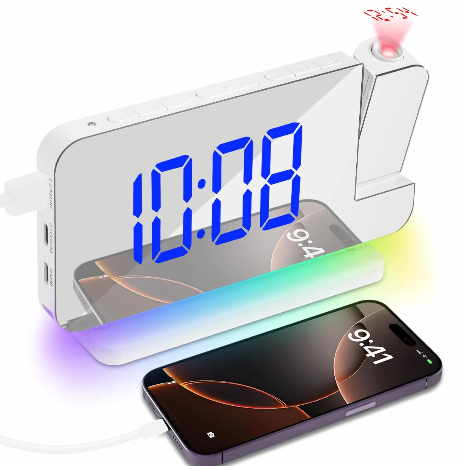 Réveil à Projection LED avec Charge USB, Rotation 180°, 11 Couleurs RVB & 10 Couleurs Veilleuse pour Chambre, Bureau (Blanc)