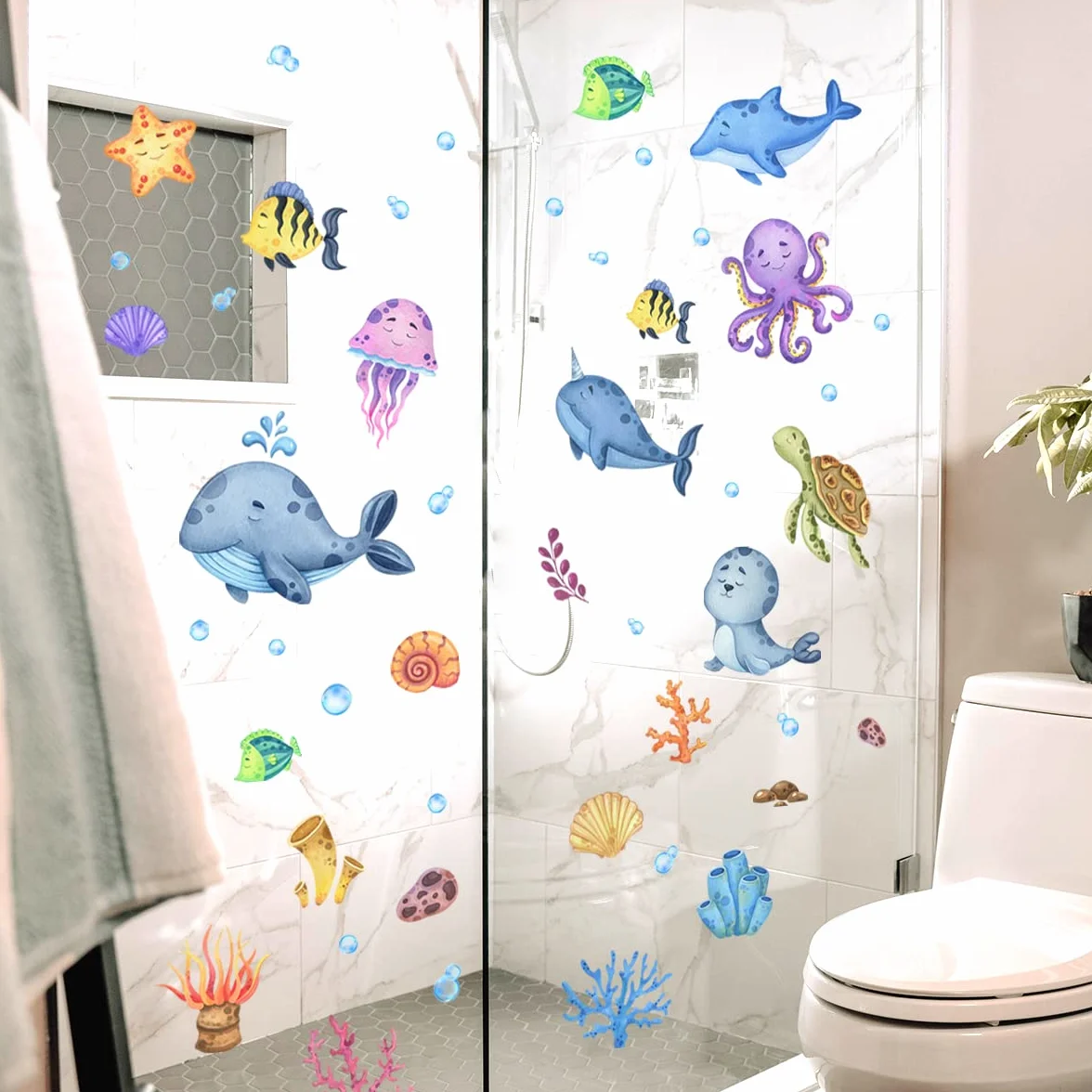 Stickers fenêtre enfant MONDE SOUSMARIN imperméable 59 pièces animaux marins poissons mer océan autocollant salle de bain