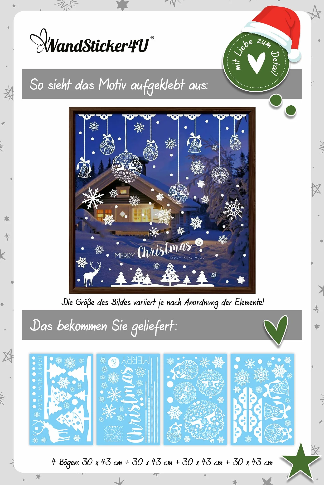Autocollant fenêtre Noël réutilisable XXL Boules de Noël Flocons de Neige Blanc Décoration Vitres Vitrine Électrostatique Grande