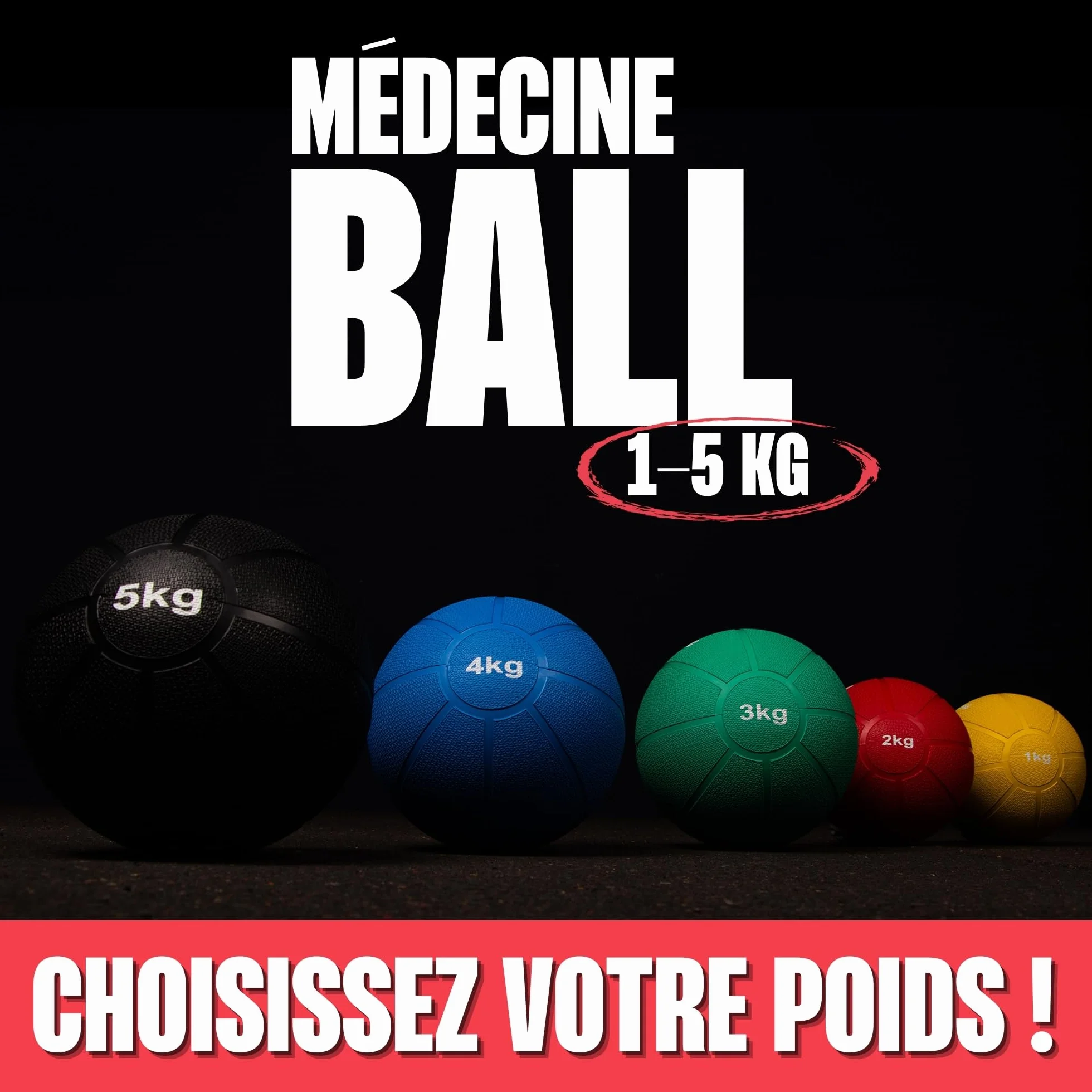 MATCHU - Médecine Ball - Medicine Ball - - Caoutchouc Solide - Disponible en 1, 2, 3, 4 et 5 KG - Disponible en Jaune, Rouge, Vert, Bleu, Noir