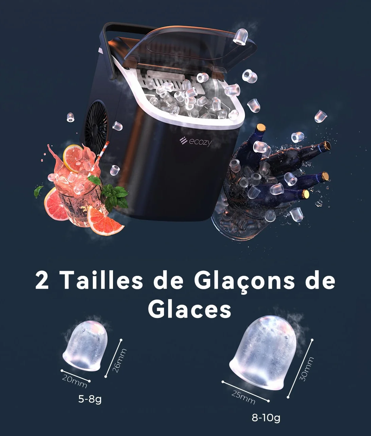 ecozy Machine à Glaçons Autonettoyante Portable, 12kg/24h, 9 Glaçons en 6 Minutes, 2 Tailles, Noir