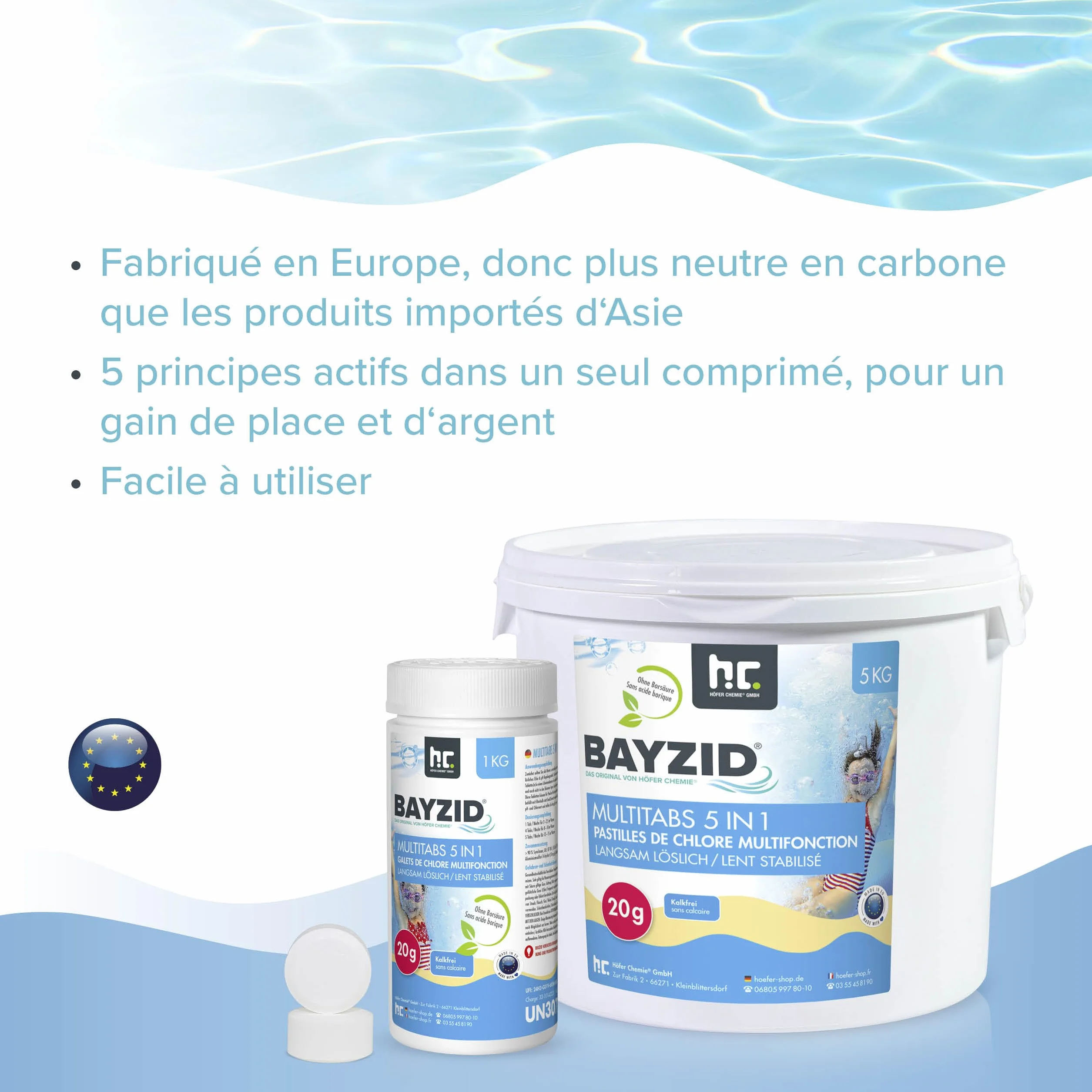 Höfer Chemie Pastilles de Chlore Multifonction 5 en 1 1 kg pour Piscine Désinfection Anti-Algues Floculant pH Stable