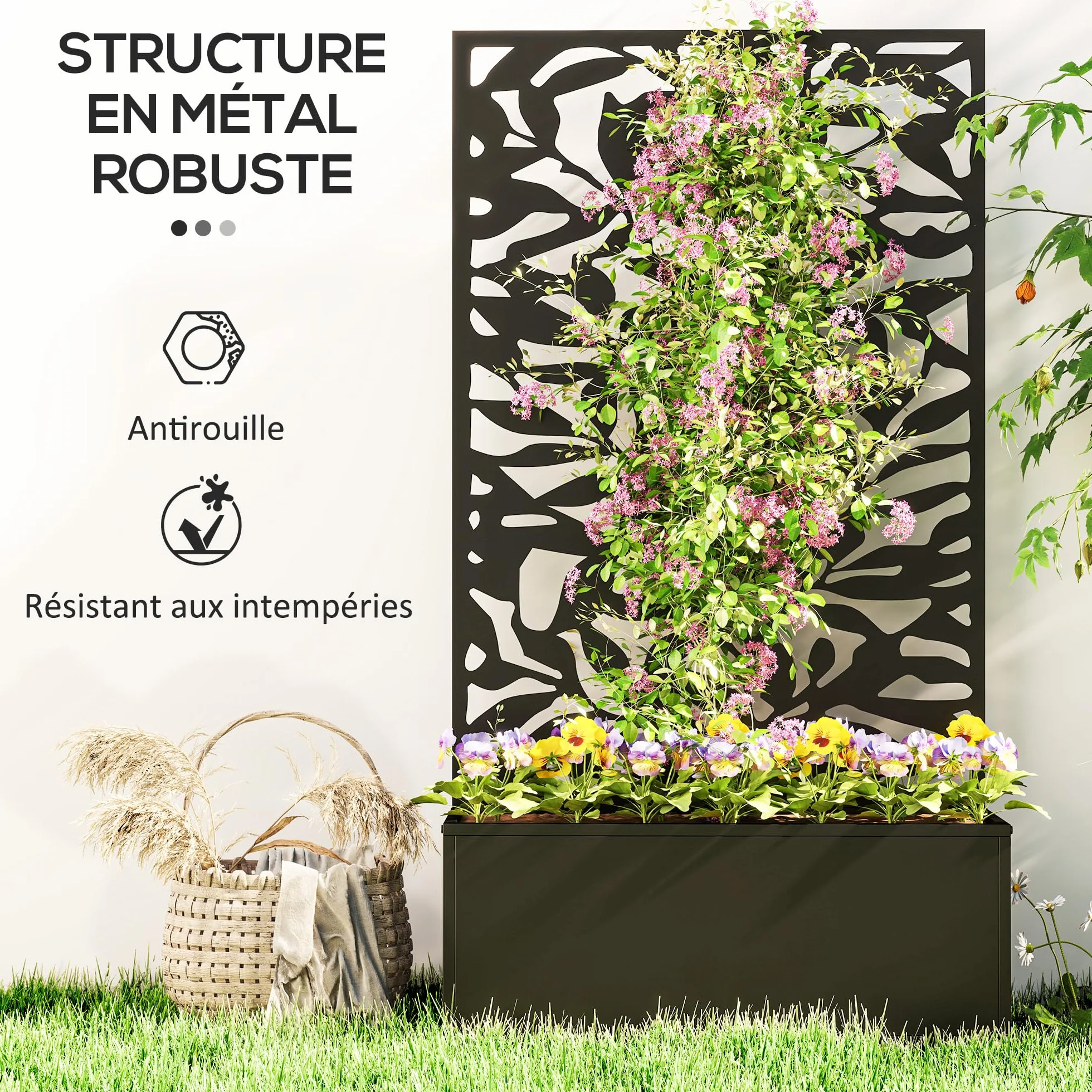 Outsunny Jardinière avec Treillis Brise-Vue Métal 61x23x113cm Noir