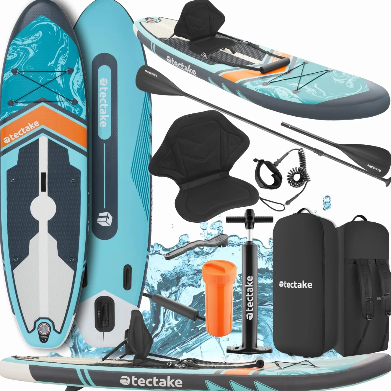 tectake® Planche de Stand-up Paddle Gonflable Adulte 2-en-1, Utilisable comme Kayak, Siege Paddle détachable, Pompe, 3 Ailerons, sac à dos, Pagaie double, Pagaie simple, Accessoires, Charge Max. 200kg