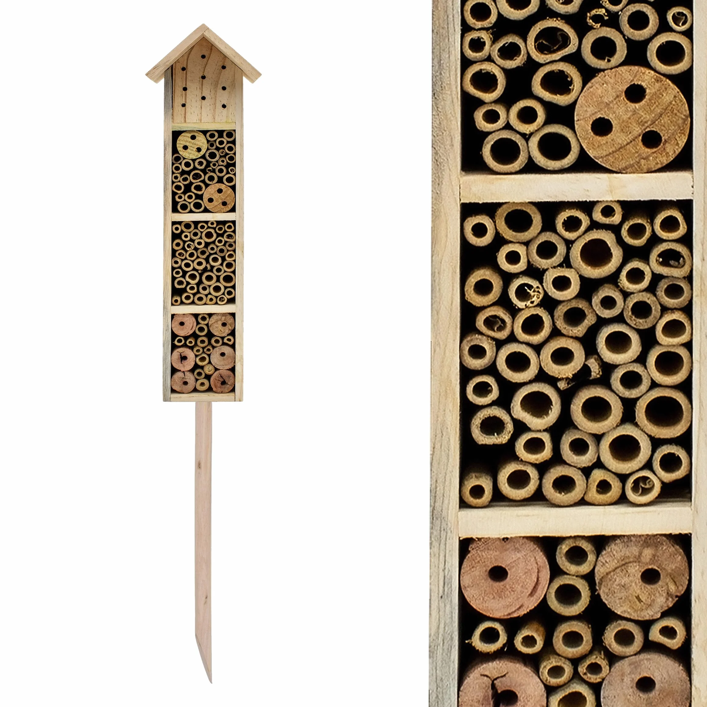 Hôtel à insectes en bois avec piquet de terre H 78 cm - Maison à abeilles et bourdons
