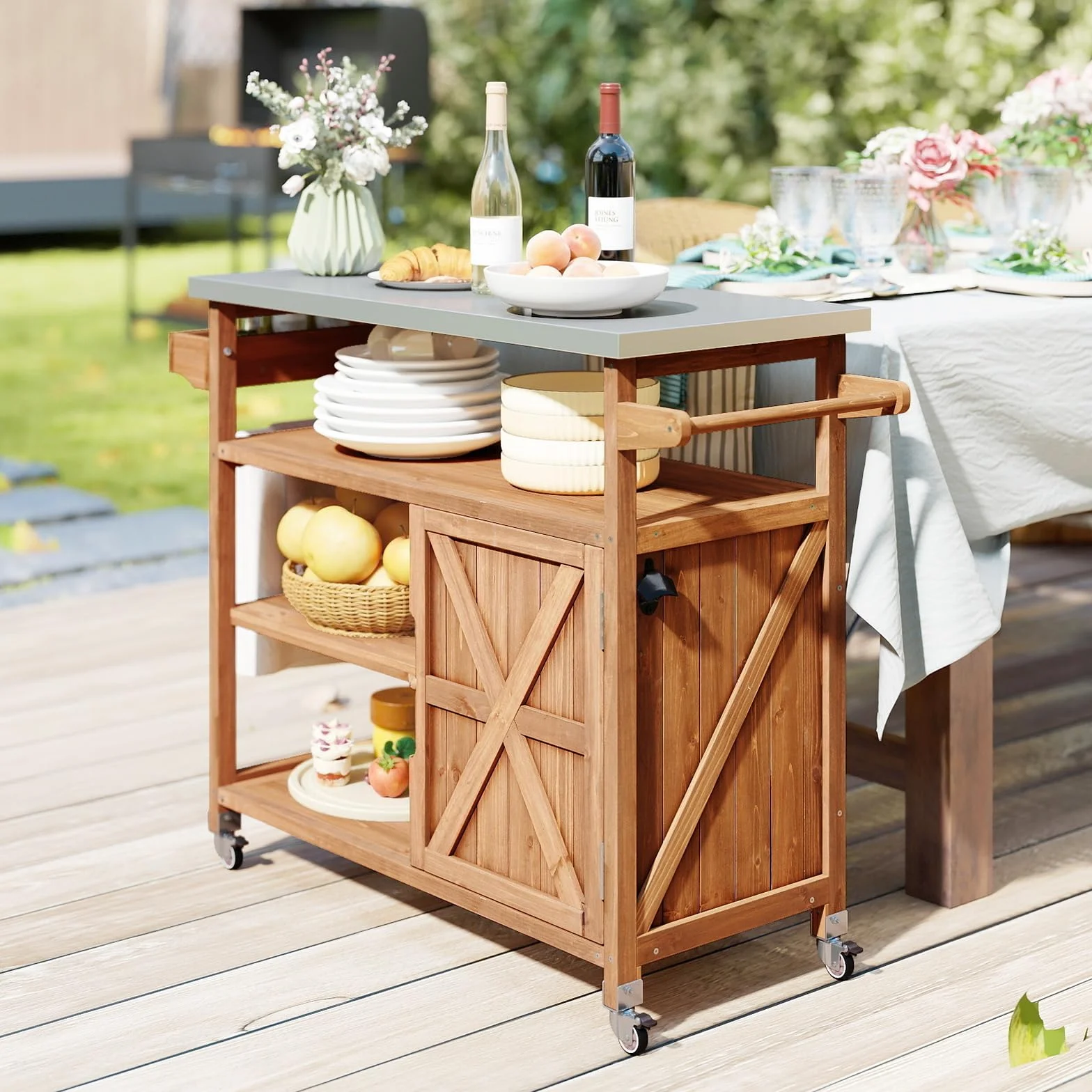 GIANTEX Desserte Plancha Exterieur en Bois de Spain, Plan de Travail Acier Inoxydable, 3 Étagères, 118 x 47 x 92 cm, Charge 50kg