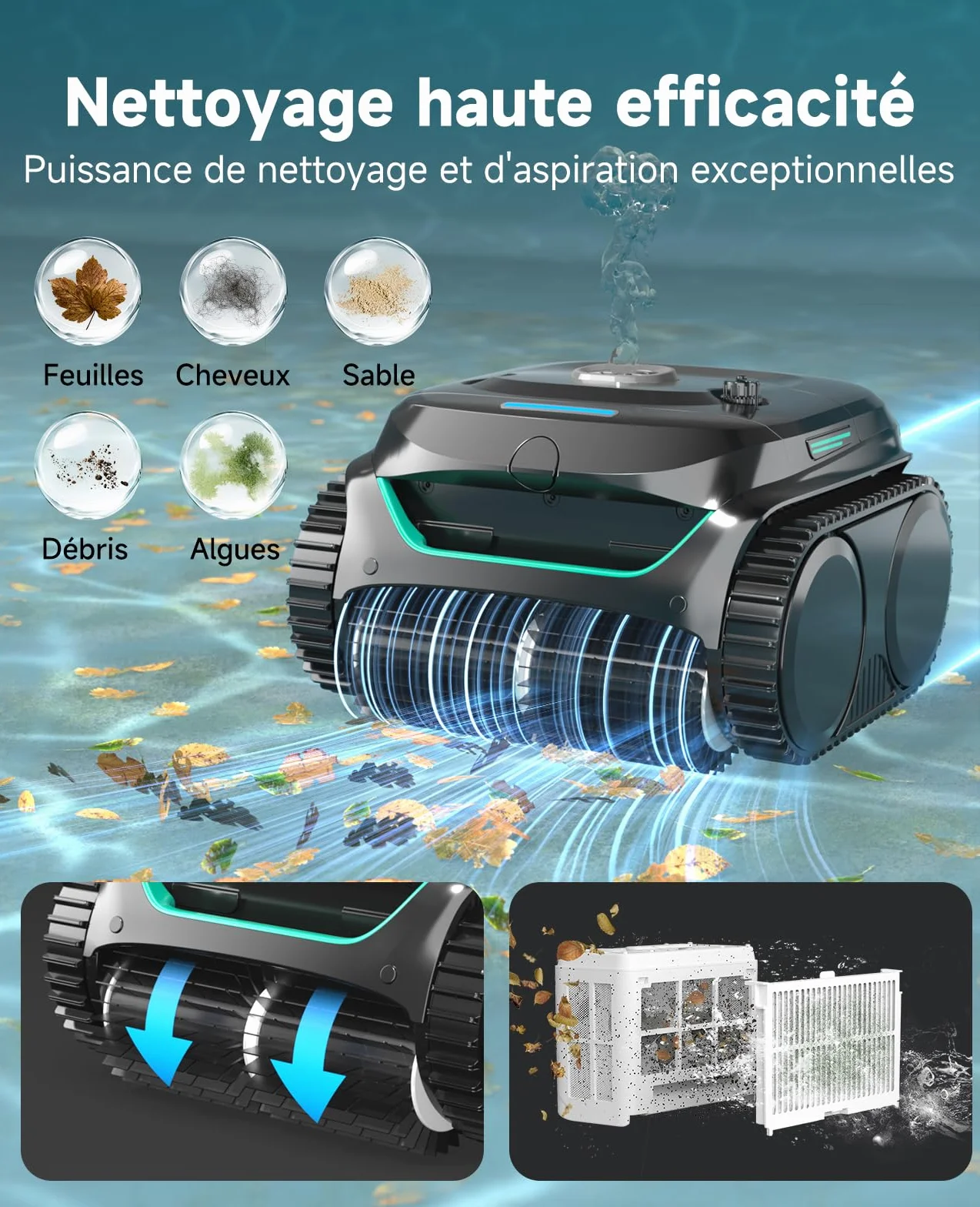 WYBOT C2 Robot Piscine sans Fil, Double Filtration, 3 Moteurs, Aspiration Puissante, 180 Min, pour Piscines Enterrées 150㎡