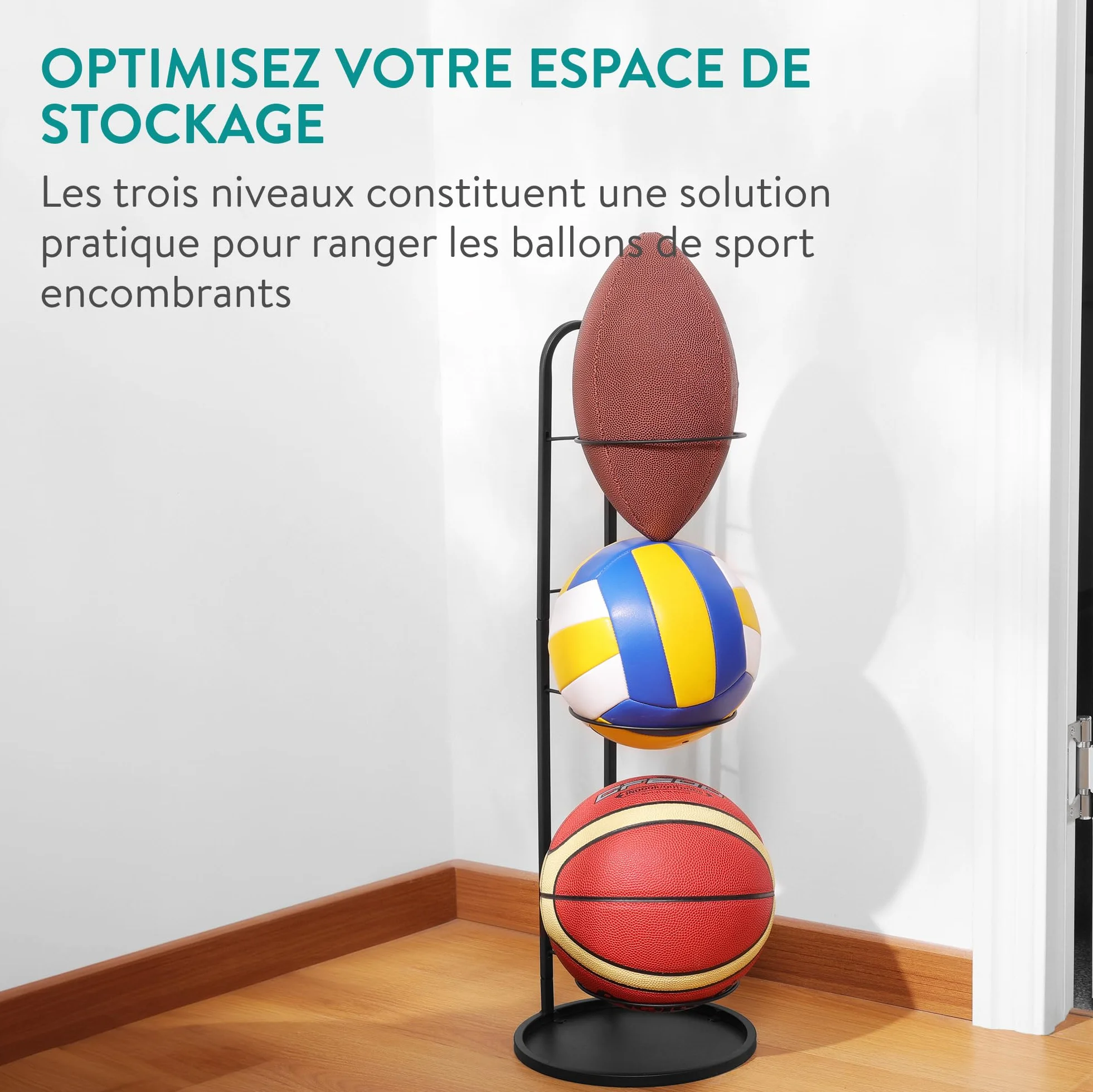 Navaris Support Ballon Foot - Rangement Ballon de Volleyball Basket en Acier Carbon 70 x 24,5 cm avec 3X Socle - Range Ballon pour Salle de Sport Garage Entrée de Maison