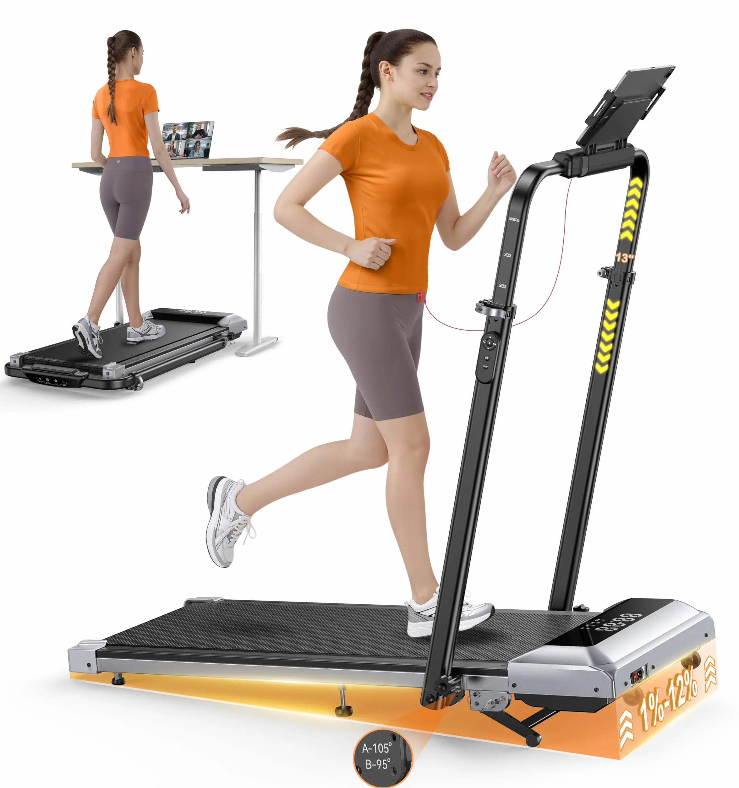 Tapis de Course 6 en 1, Pente 1%-6%-12%, Vitesse 12km/h, Hauteur de la Colonne Montante télescopique 115CM, Angle de la Colonne Montante 95°-105°, 2.5 HP, Compact et Portable，Adapté aux familles